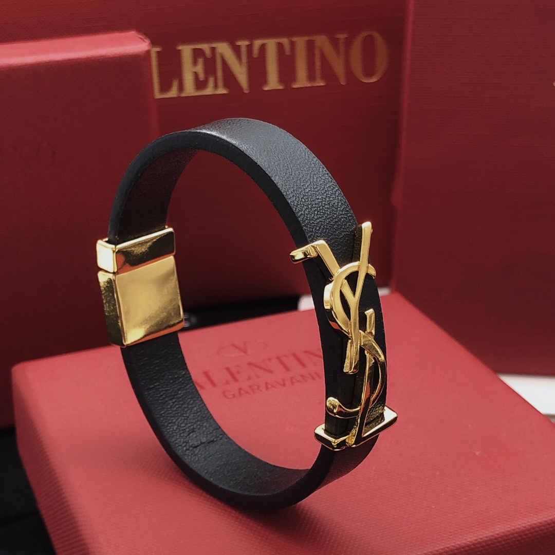 Saint Laurent YSL Monogram Leather Bracelet bracelet Black leather with gold-tone metal hardware 19cm