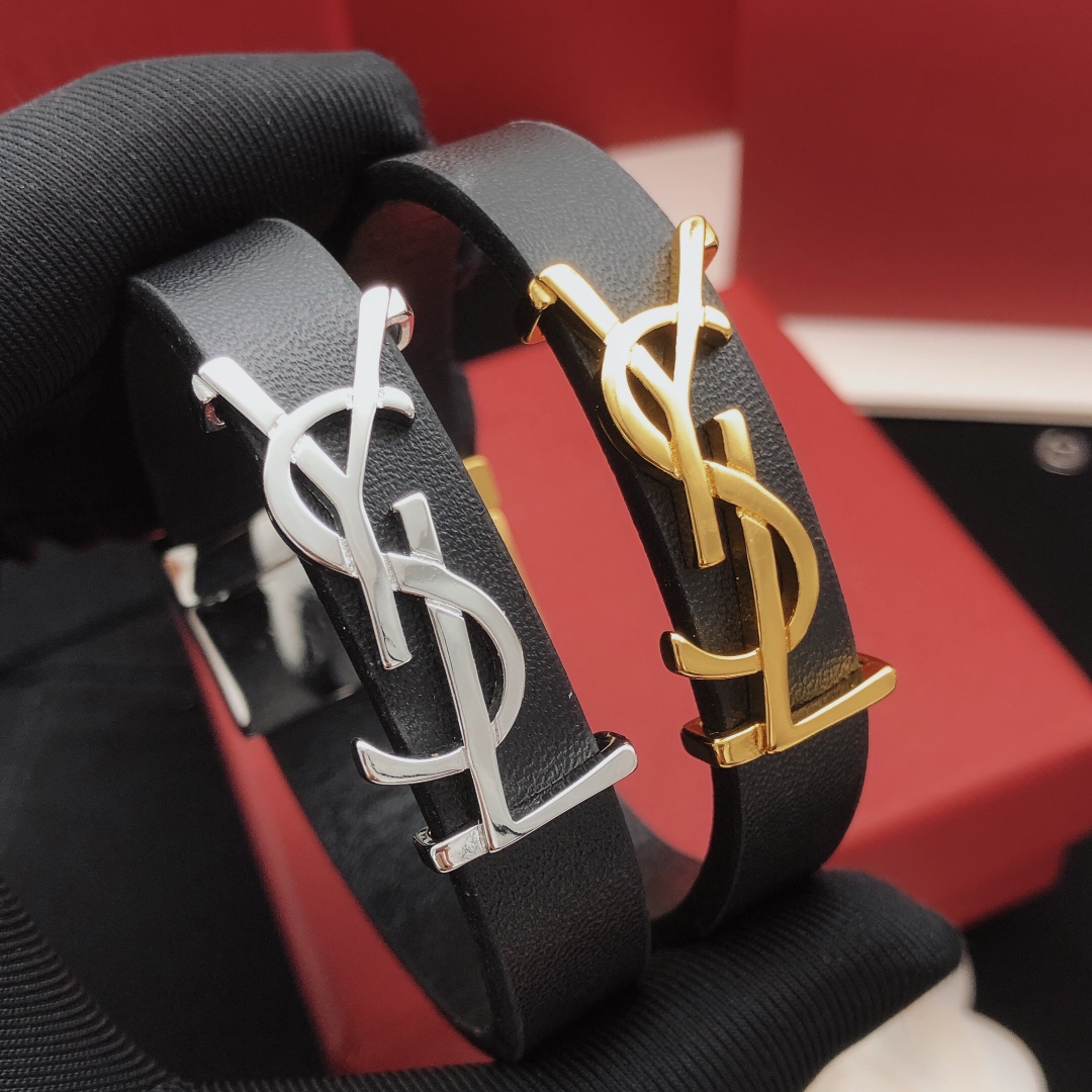 Saint Laurent YSL Monogram Leather Bracelet bracelet Black leather with gold-tone metal hardware 19cm