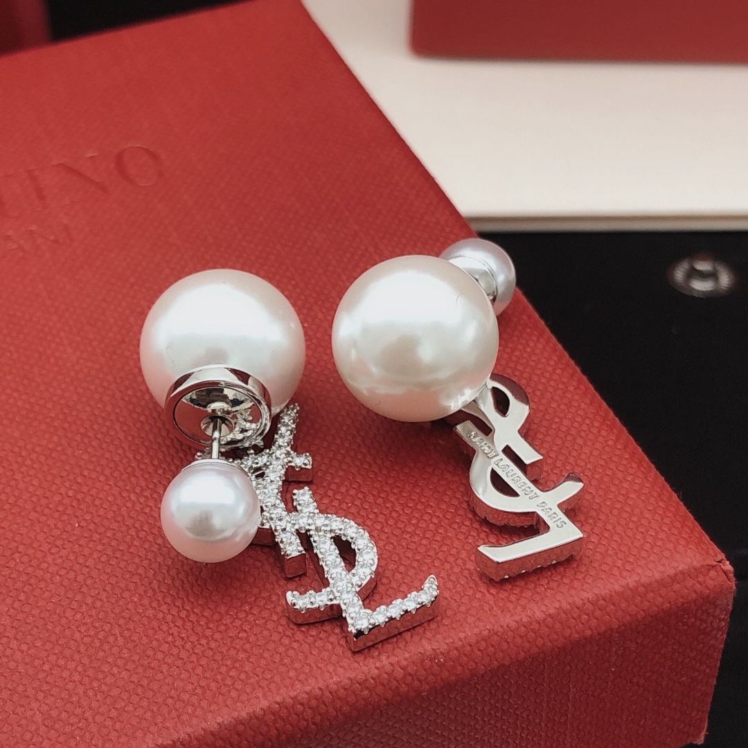 Saint Laurent YED0075 Cassandre Pearl Drop Earrings earrings silver-toned metal white freshwater pearls clear pave crystals 2 5cm drop length