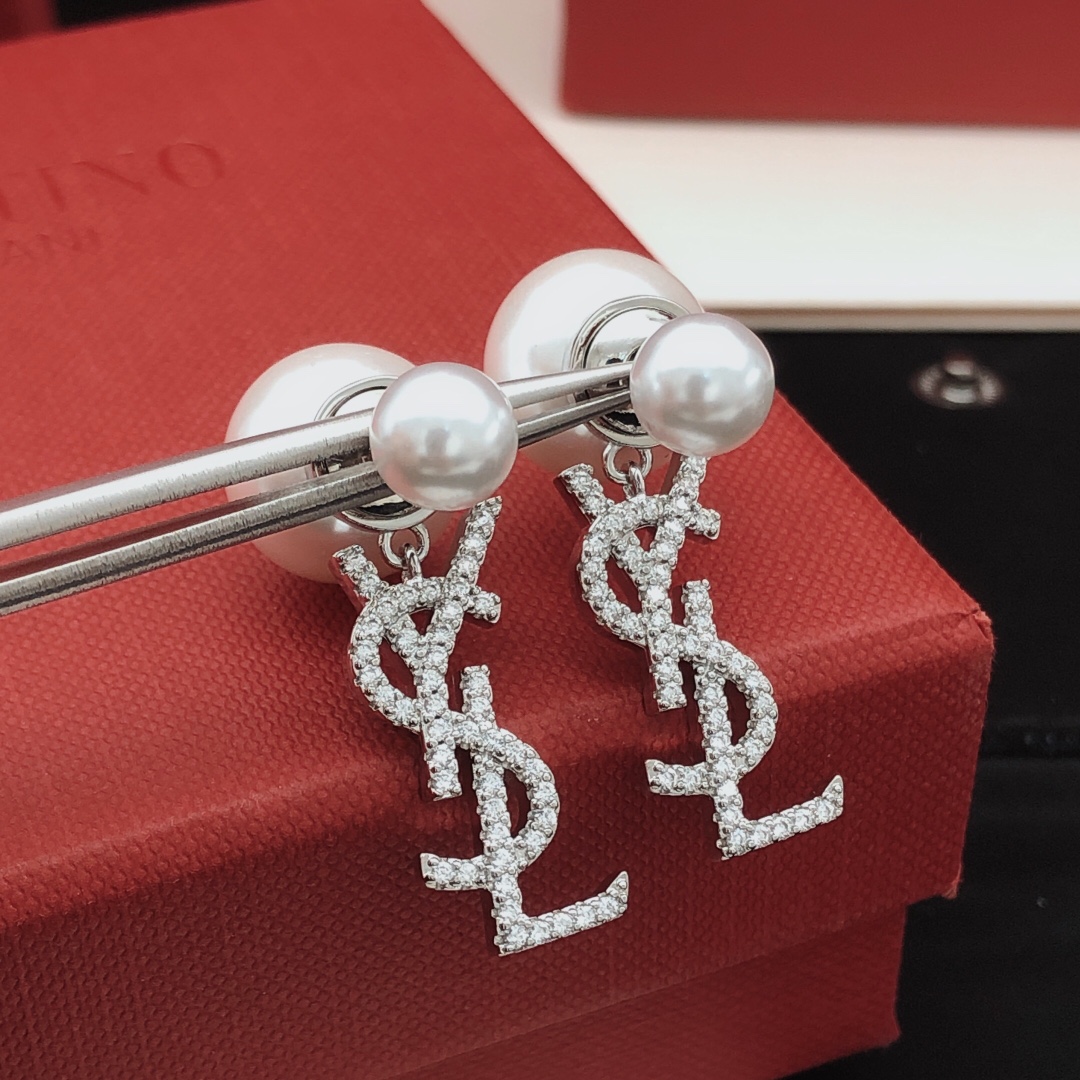 Saint Laurent YED0075 Cassandre Pearl Drop Earrings earrings silver-toned metal white freshwater pearls clear pave crystals 2 5cm drop length