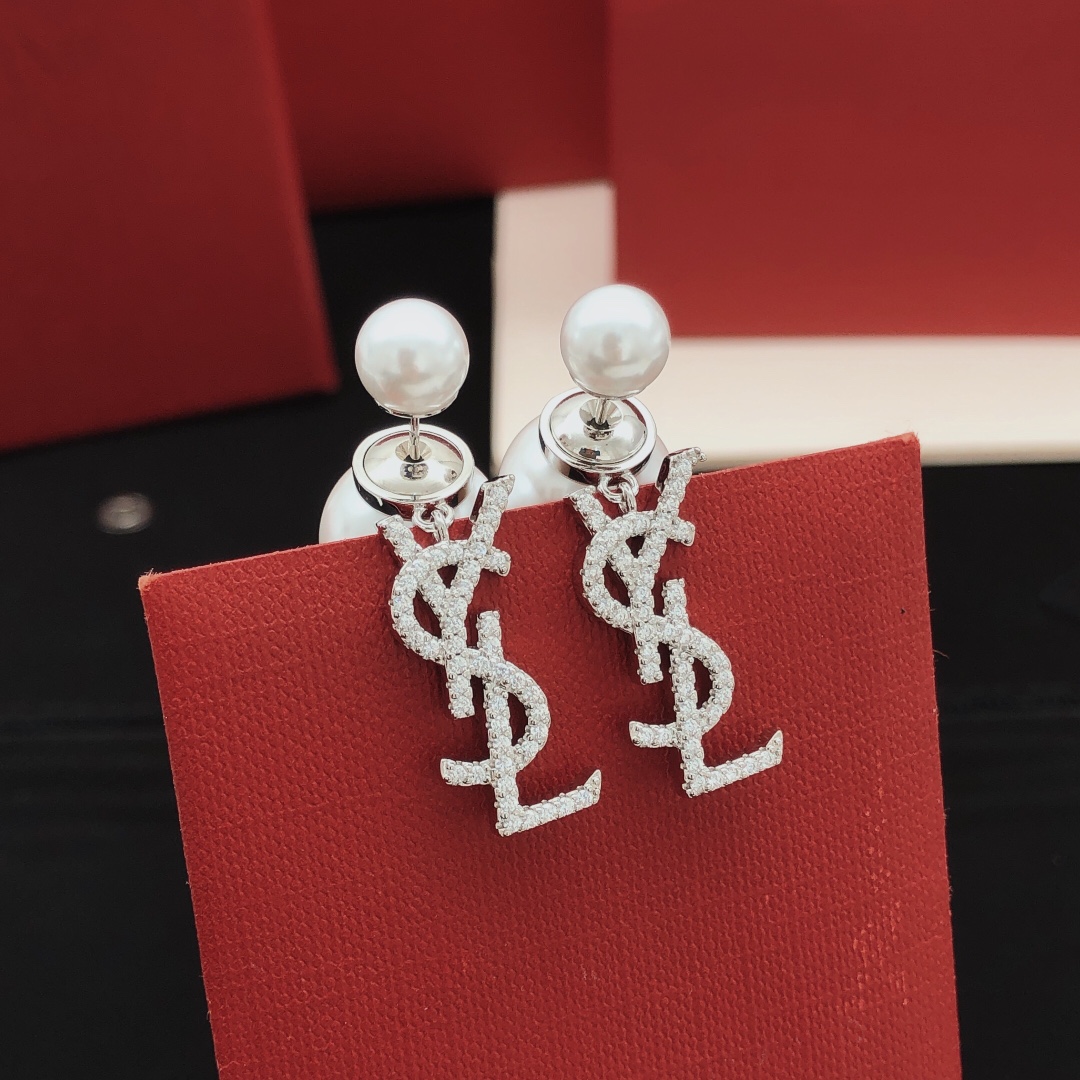 Saint Laurent YED0075 Cassandre Pearl Drop Earrings earrings silver-toned metal white freshwater pearls clear pave crystals 2 5cm drop length