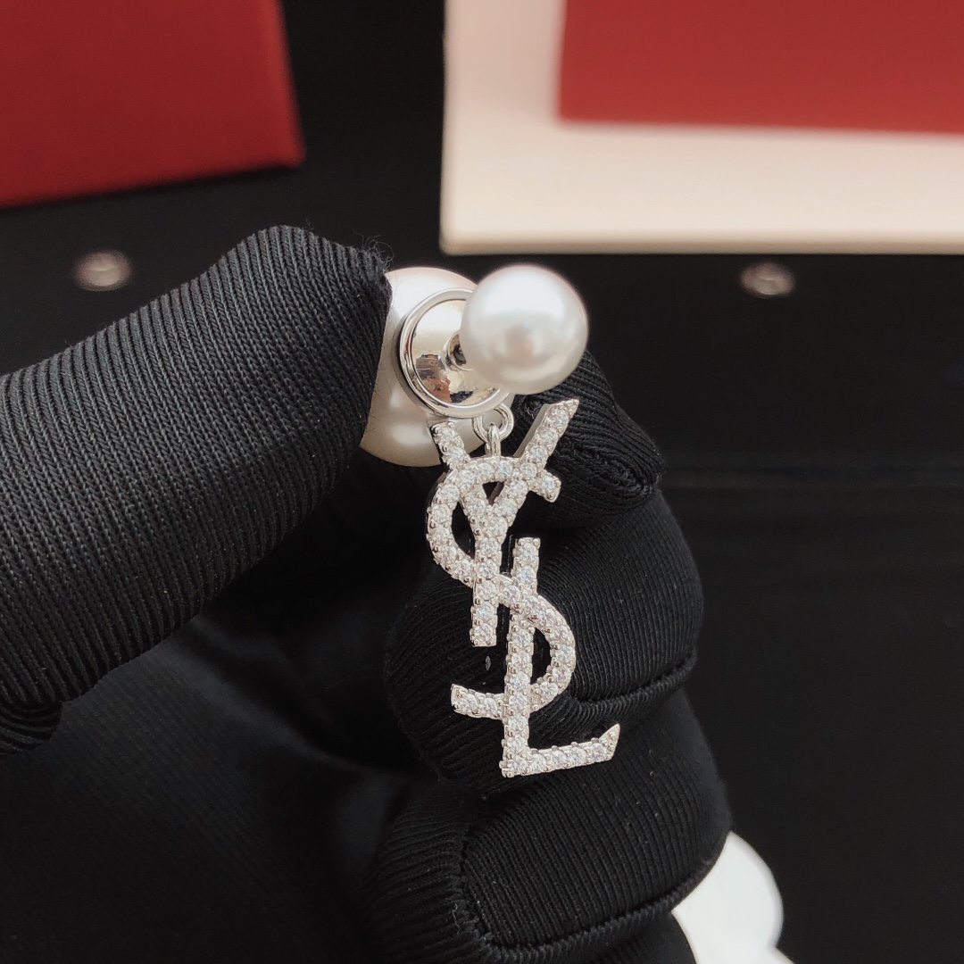 Saint Laurent YED0075 Cassandre Pearl Drop Earrings earrings silver-toned metal white freshwater pearls clear pave crystals 2 5cm drop length