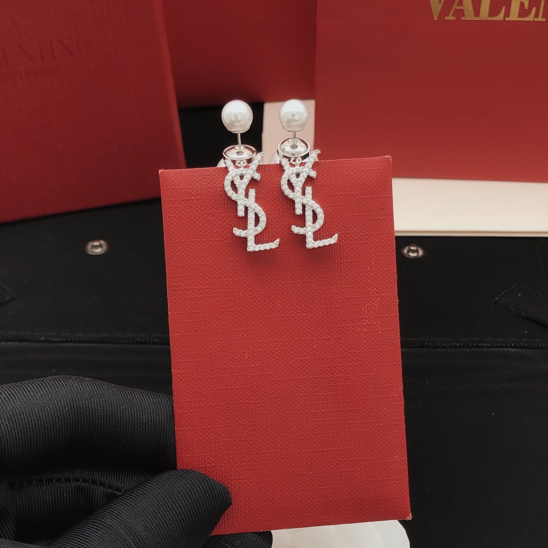 Saint Laurent YED0075 Cassandre Pearl Drop Earrings earrings silver-toned metal white freshwater pearls clear pave crystals 2 5cm drop length