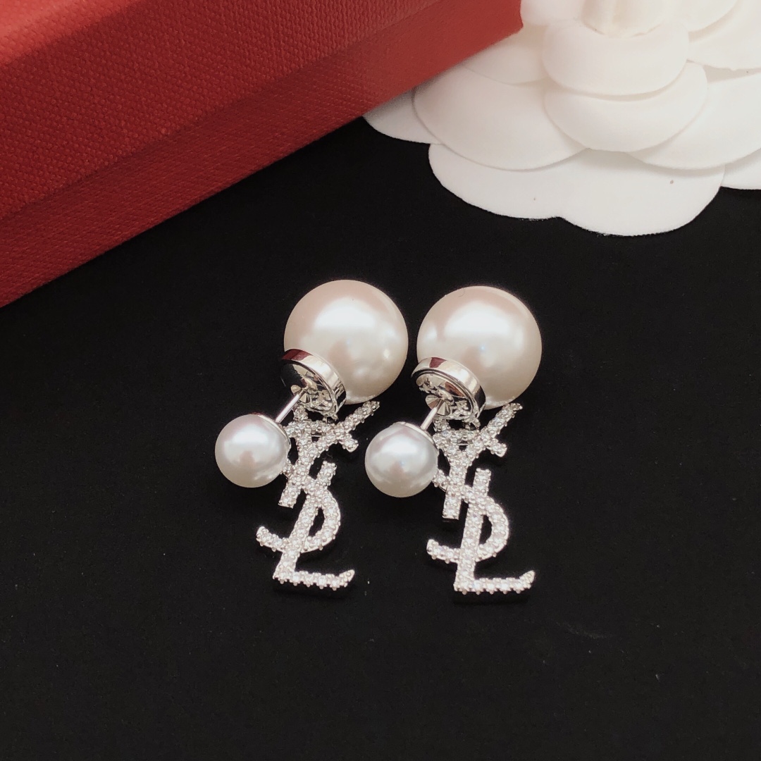 Saint Laurent YED0075 Cassandre Pearl Drop Earrings earrings silver-toned metal white freshwater pearls clear pave crystals 2 5cm drop length