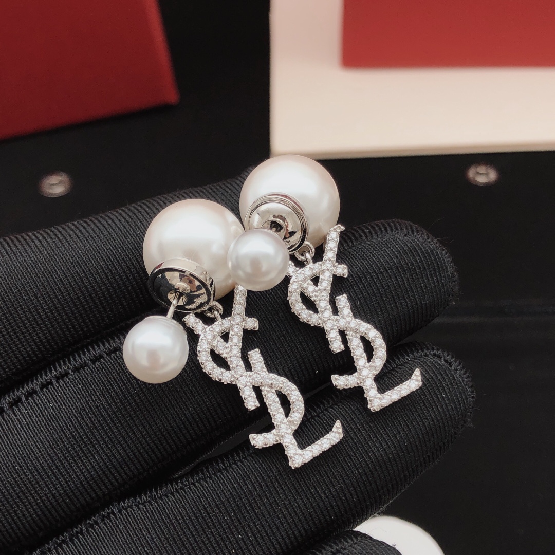 Saint Laurent YED0075 Cassandre Pearl Drop Earrings earrings silver-toned metal white freshwater pearls clear pave crystals 2 5cm drop length