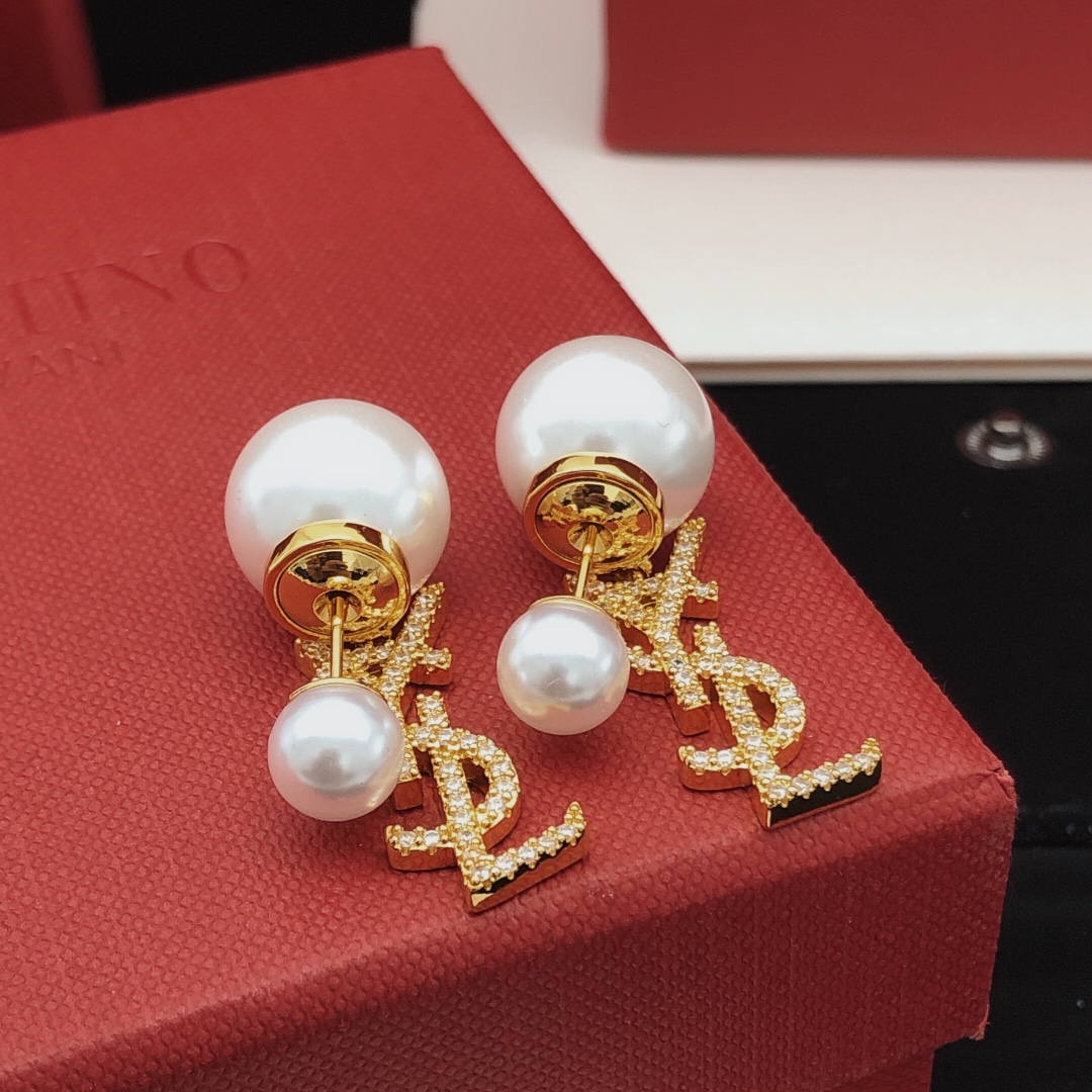 Saint Laurent Cassandre Pearl Crystal Drop Earrings earrings Gold-tone metal white faux pearls clear crystal pave One Size post length 1cm drop length 2cm