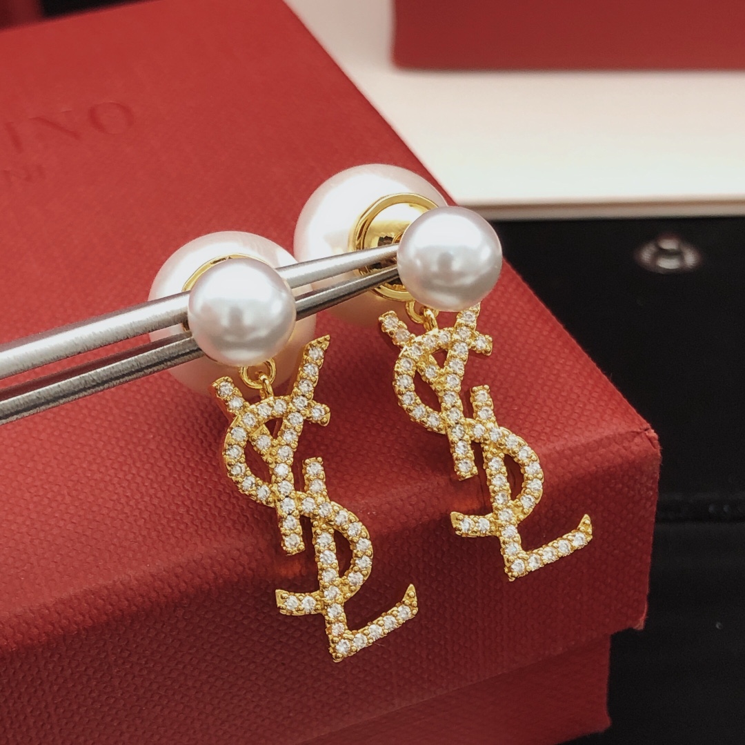 Saint Laurent Cassandre Pearl Crystal Drop Earrings earrings Gold-tone metal white faux pearls clear crystal pave One Size post length 1cm drop length 2cm
