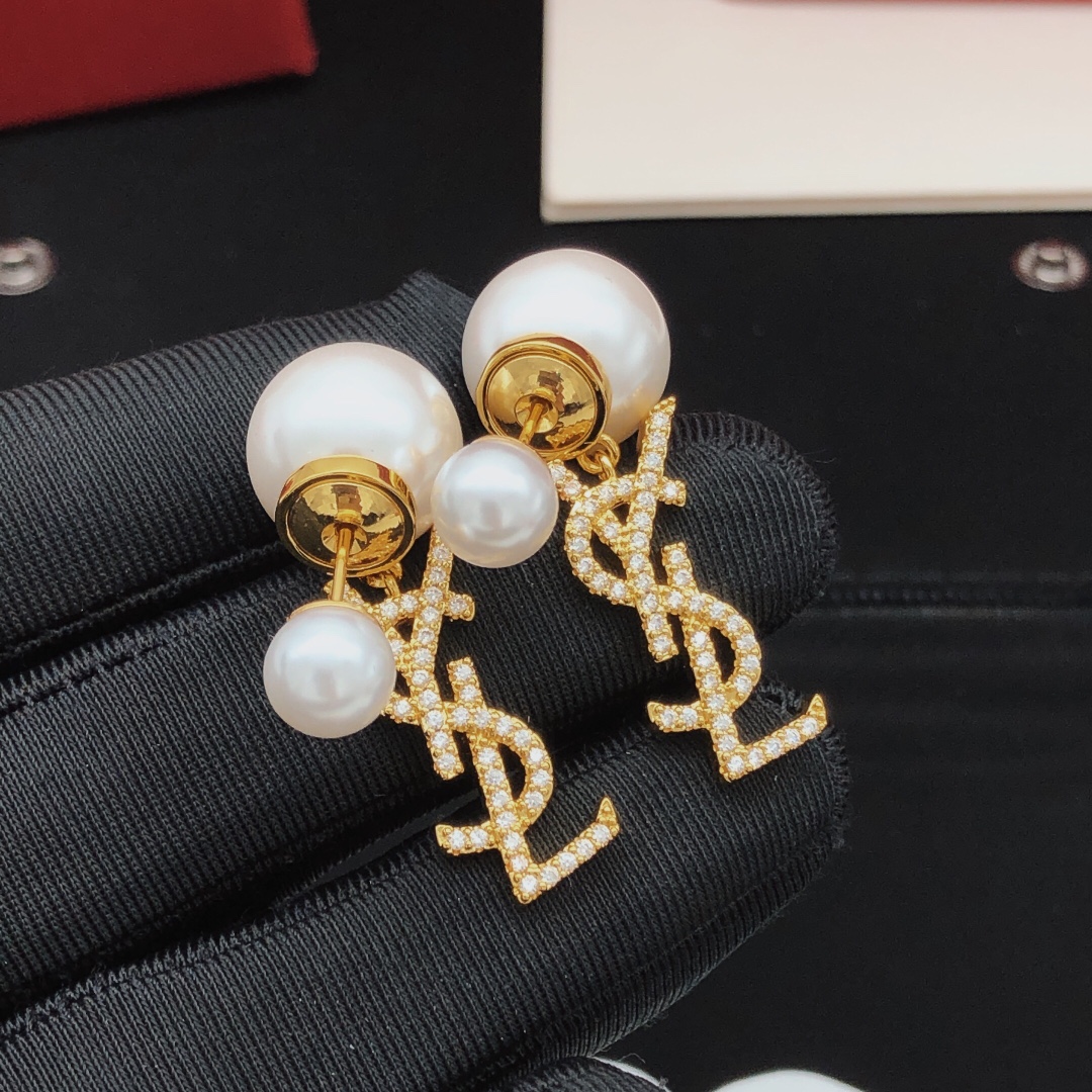 Saint Laurent Cassandre Pearl Crystal Drop Earrings earrings Gold-tone metal white faux pearls clear crystal pave One Size post length 1cm drop length 2cm
