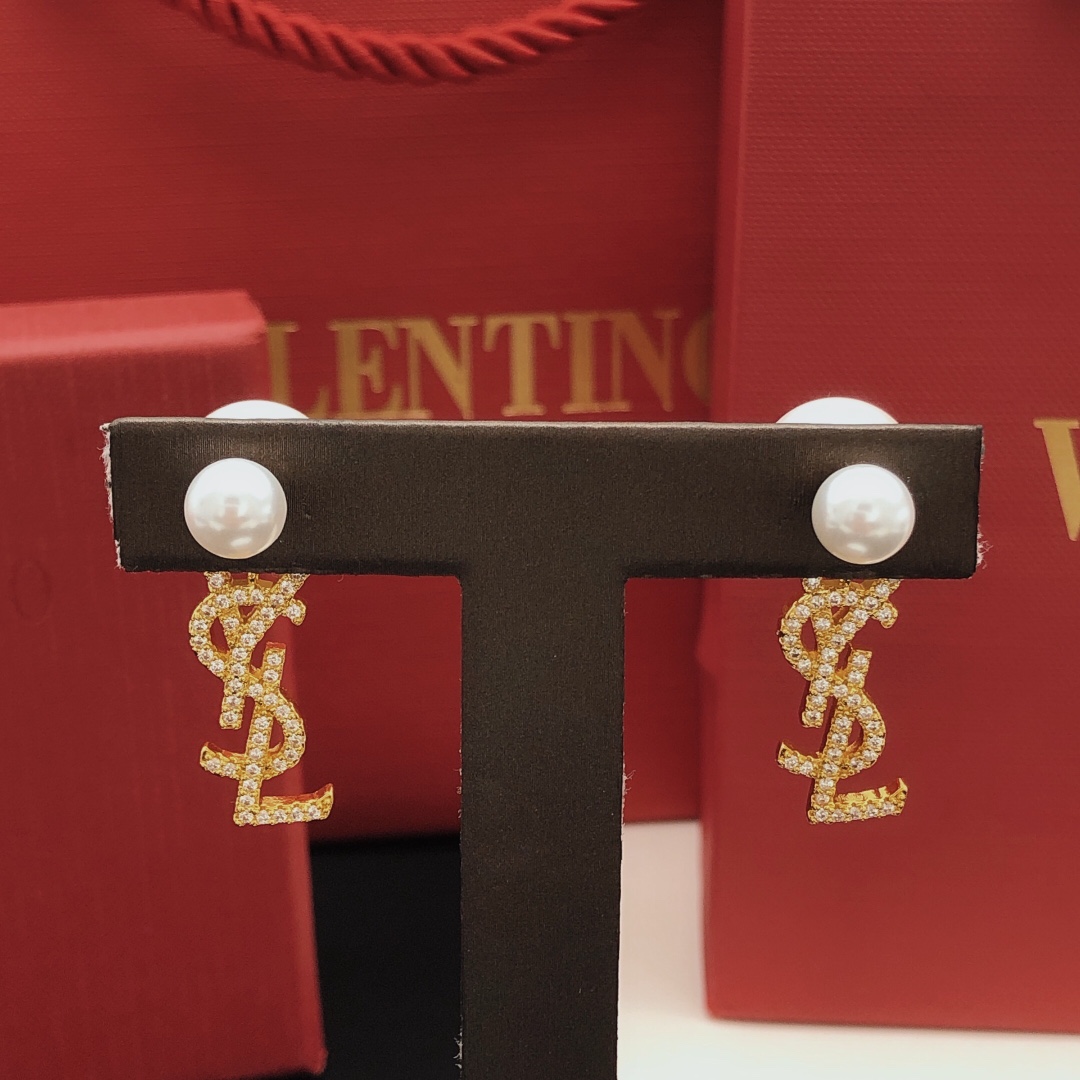 Saint Laurent Cassandre Pearl Crystal Drop Earrings earrings Gold-tone metal white faux pearls clear crystal pave One Size post length 1cm drop length 2cm