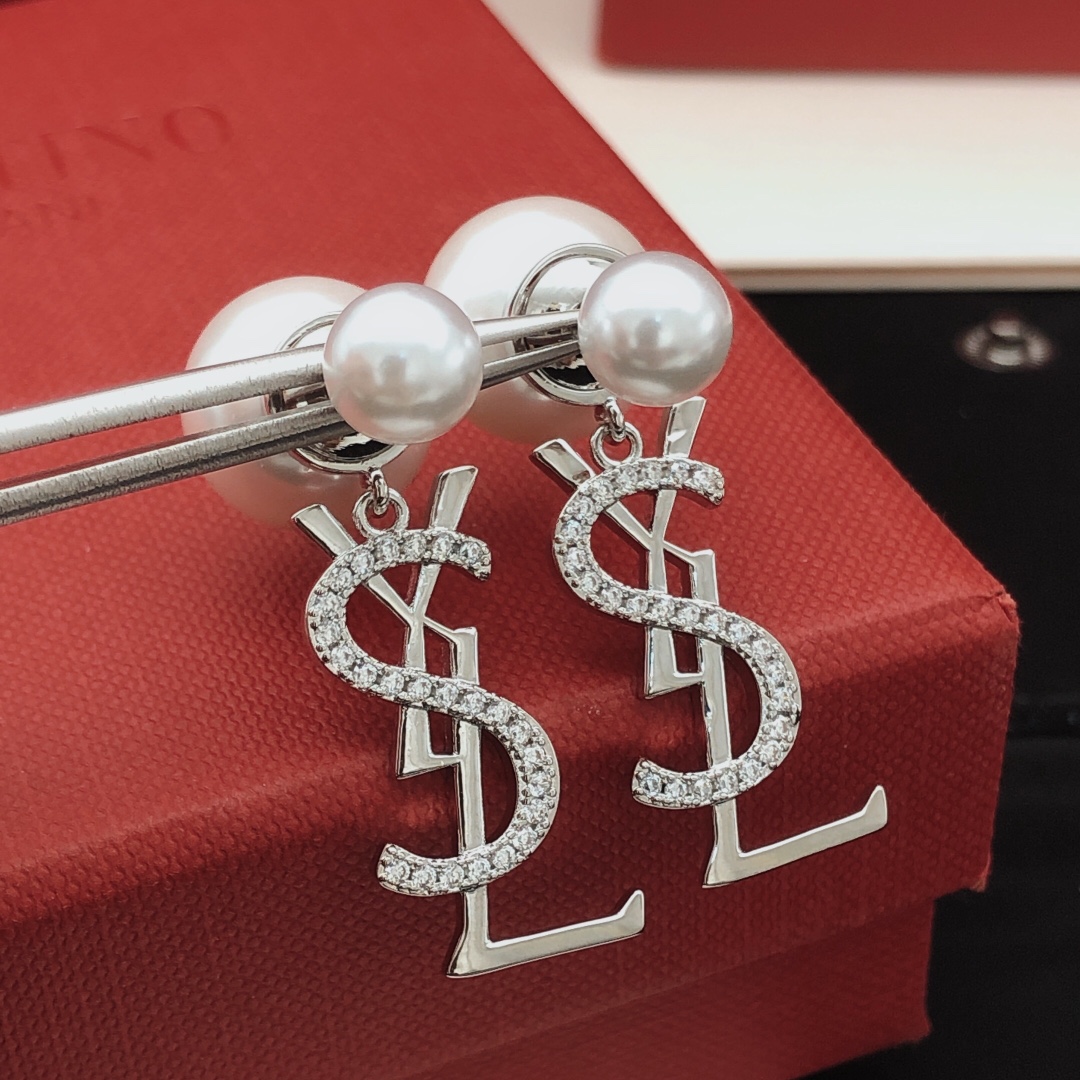 Saint Laurent YED0076 Cassandre Pearl Drop Earrings earrings silver-toned metal white pearls clear pave crystals 3cm drop length