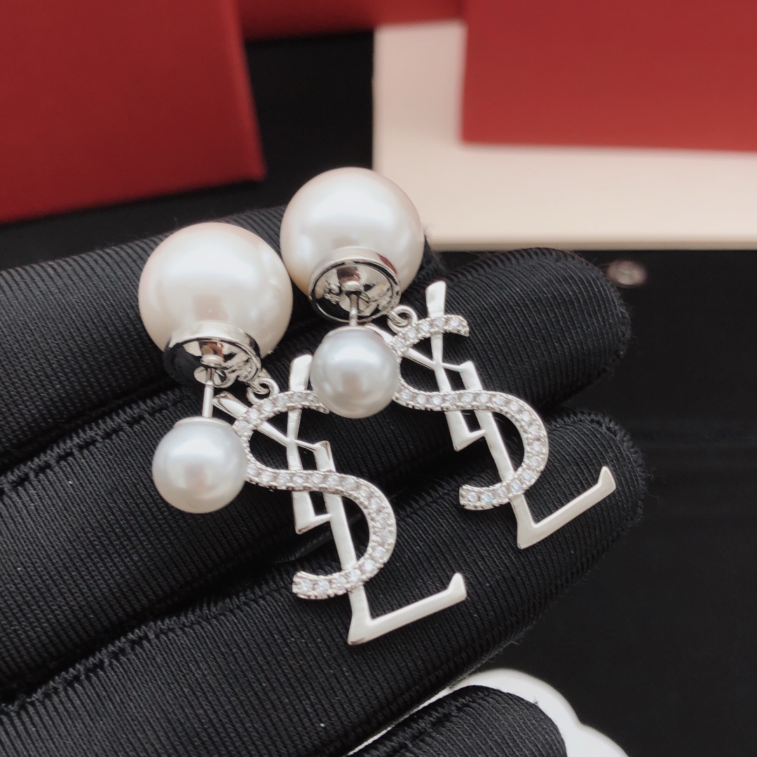 Saint Laurent YED0076 Cassandre Pearl Drop Earrings earrings silver-toned metal white pearls clear pave crystals 3cm drop length