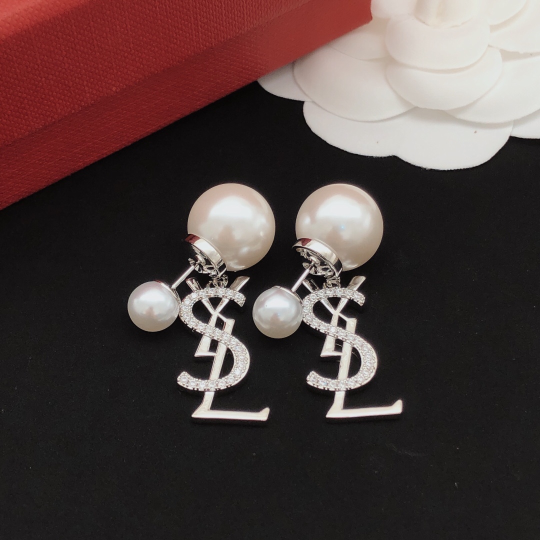 Saint Laurent YED0076 Cassandre Pearl Drop Earrings earrings silver-toned metal white pearls clear pave crystals 3cm drop length