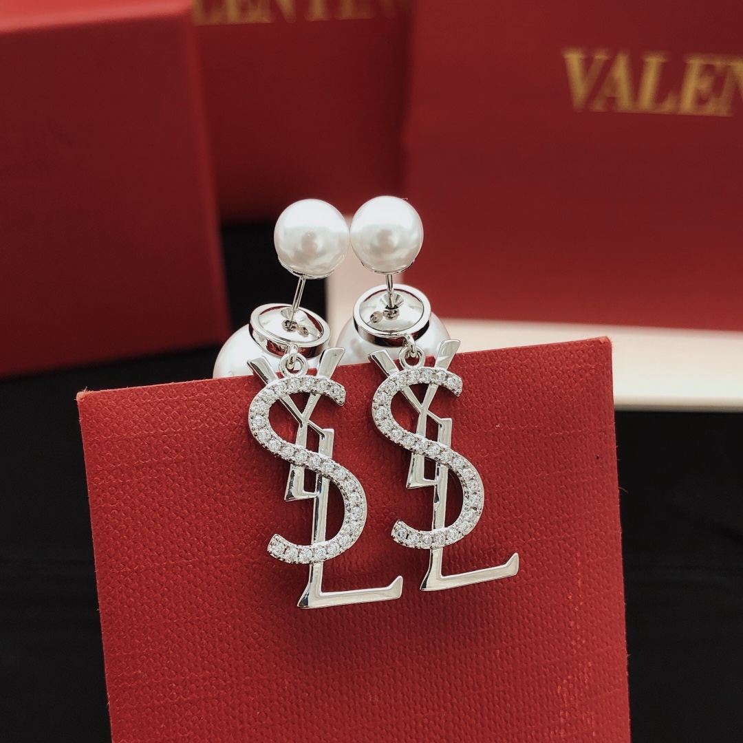 Saint Laurent YED0076 Cassandre Pearl Drop Earrings earrings silver-toned metal white pearls clear pave crystals 3cm drop length