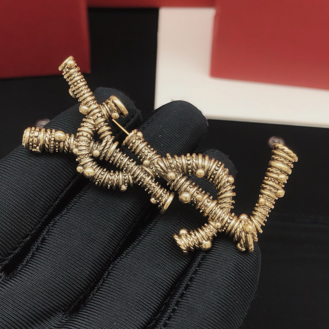 Saint Laurent YXZ0013 Cassandre Textured Monogram Brooch brooch antique gold tone metal no accent stones 4 5cm length