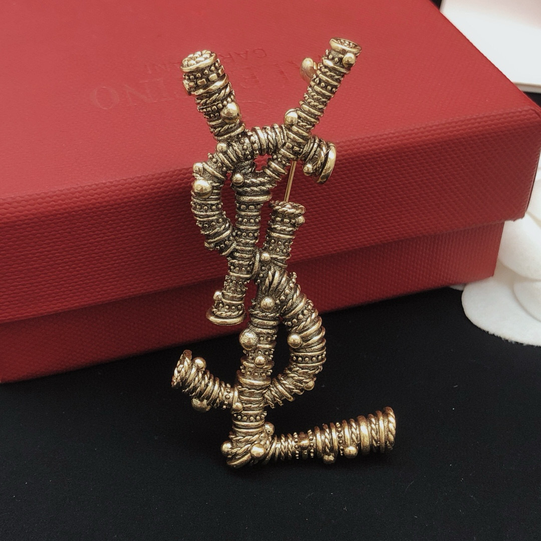 Saint Laurent YXZ0013 Cassandre Textured Monogram Brooch brooch antique gold tone metal no accent stones 4 5cm length