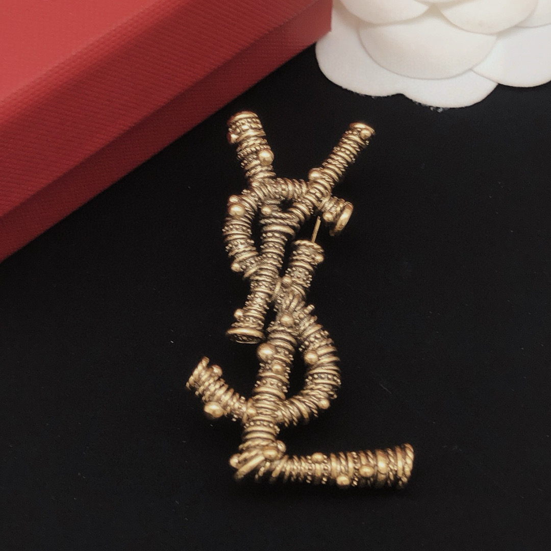 Saint Laurent YXZ0013 Cassandre Textured Monogram Brooch brooch antique gold tone metal no accent stones 4 5cm length