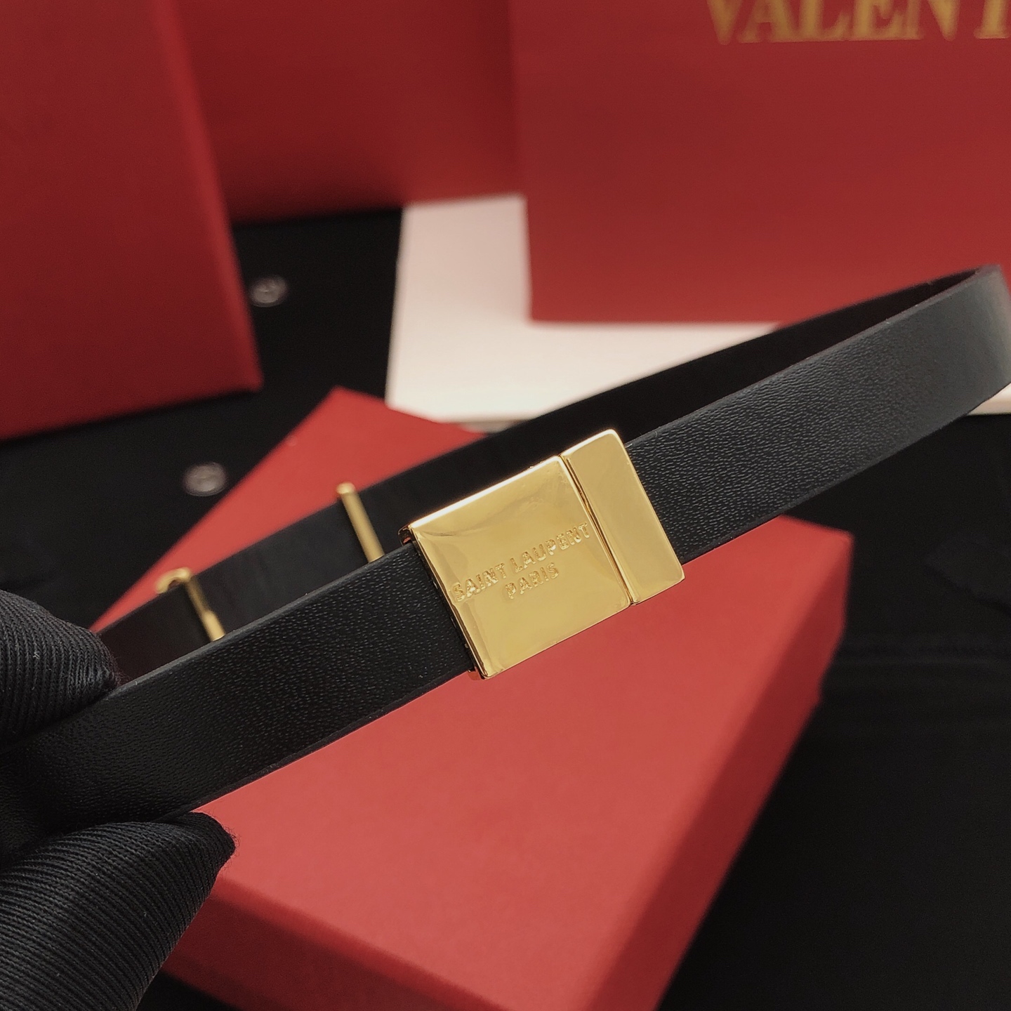 Saint Laurent YSL Monogram Leather Bracelet bracelet Black leather gold-tone metal 19cm