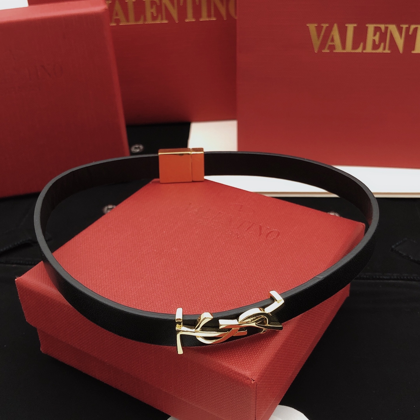 Saint Laurent YSL Monogram Leather Bracelet bracelet Black leather gold-tone metal 19cm