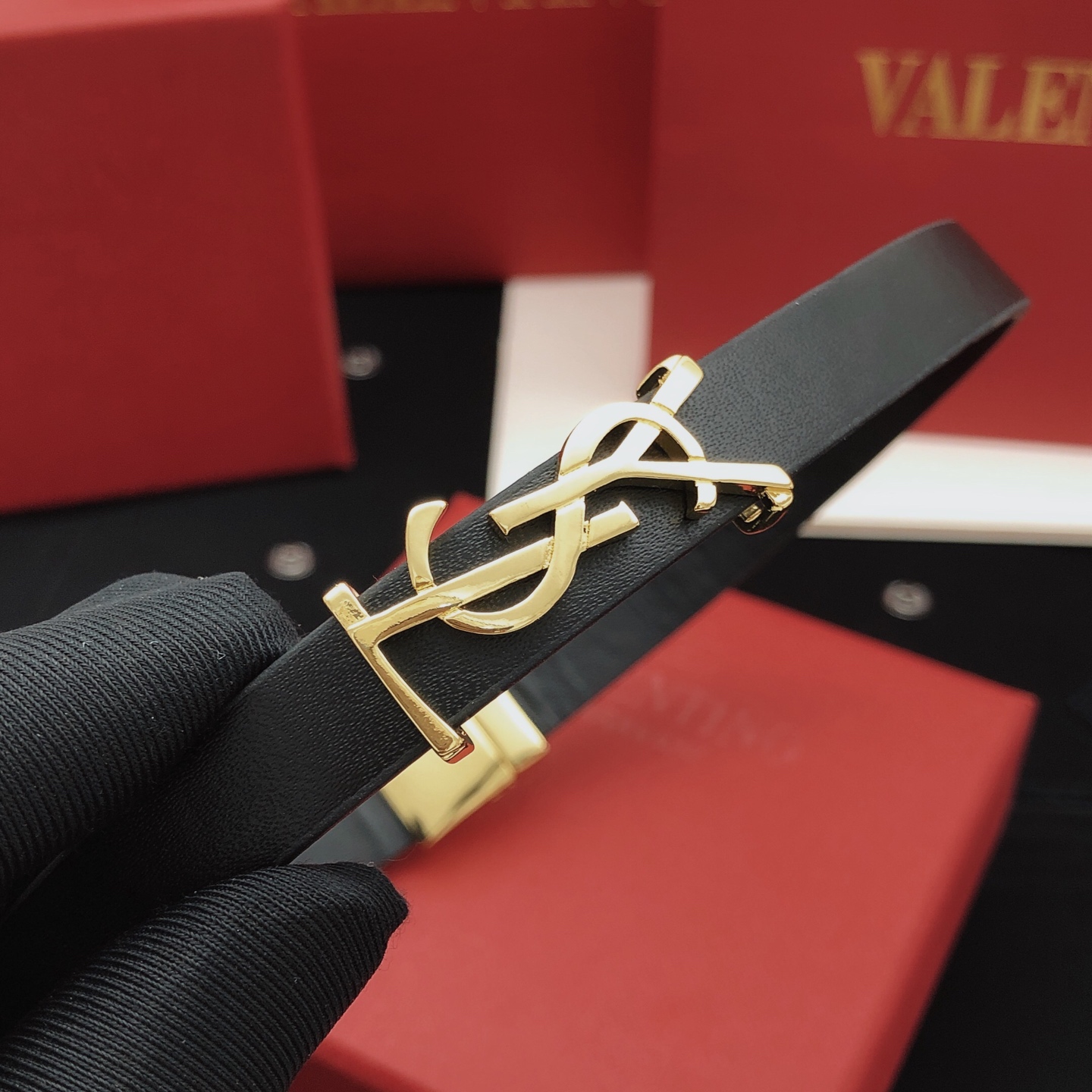 Saint Laurent YSL Monogram Leather Bracelet bracelet Black leather gold-tone metal 19cm