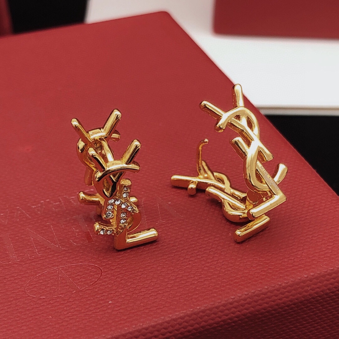 Saint Laurent YED0070 Cassandre Monogram earrings gold-tone metal with clear crystal accents 1 5cm stud length