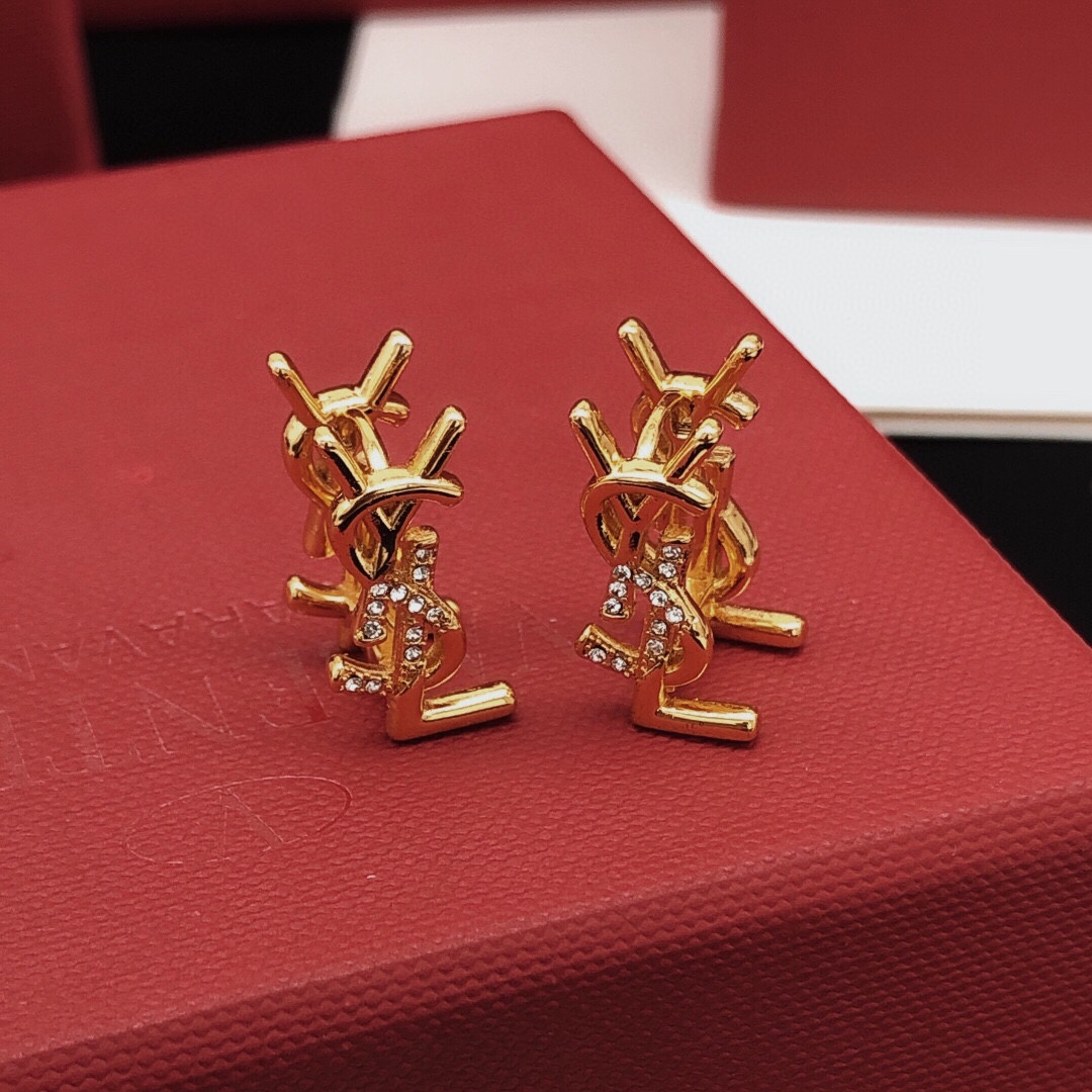 Saint Laurent YED0070 Cassandre Monogram earrings gold-tone metal with clear crystal accents 1 5cm stud length