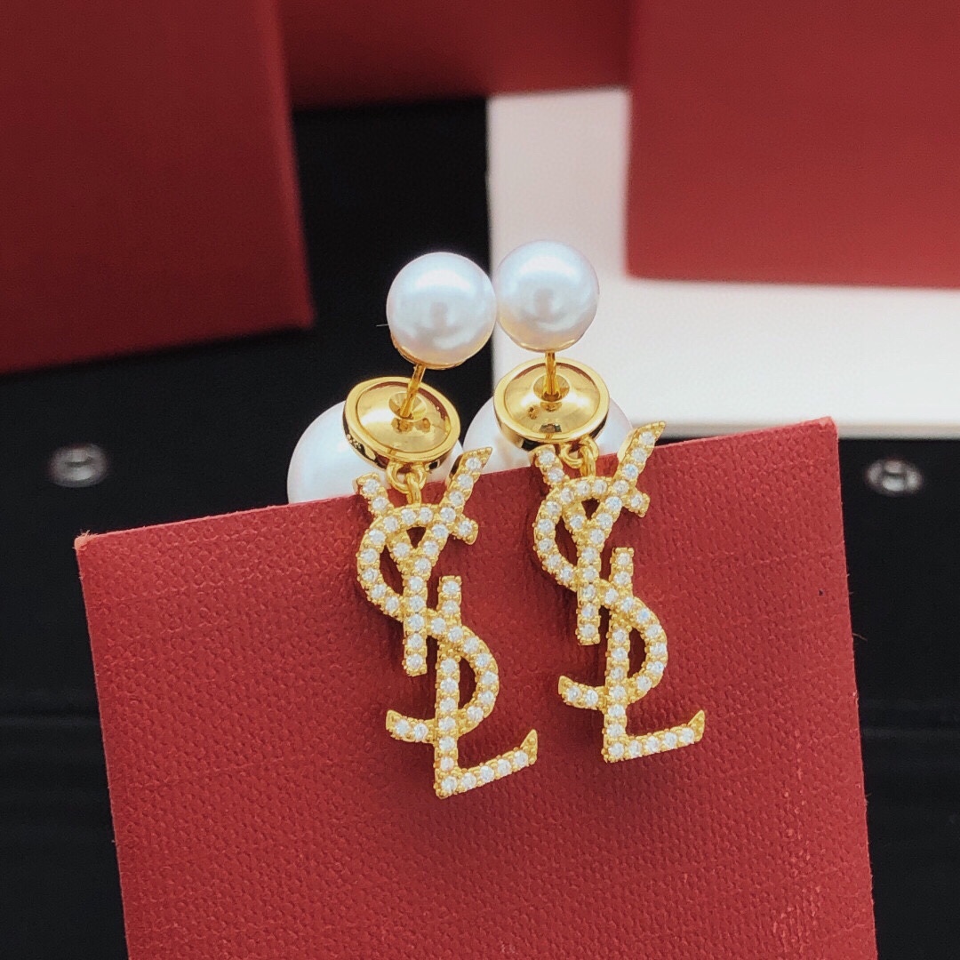 Saint Laurent Cassandre Pearl Logo Drop Earrings earrings Gold-tone metal white pearls clear pave crystals One Size drop length 2cm