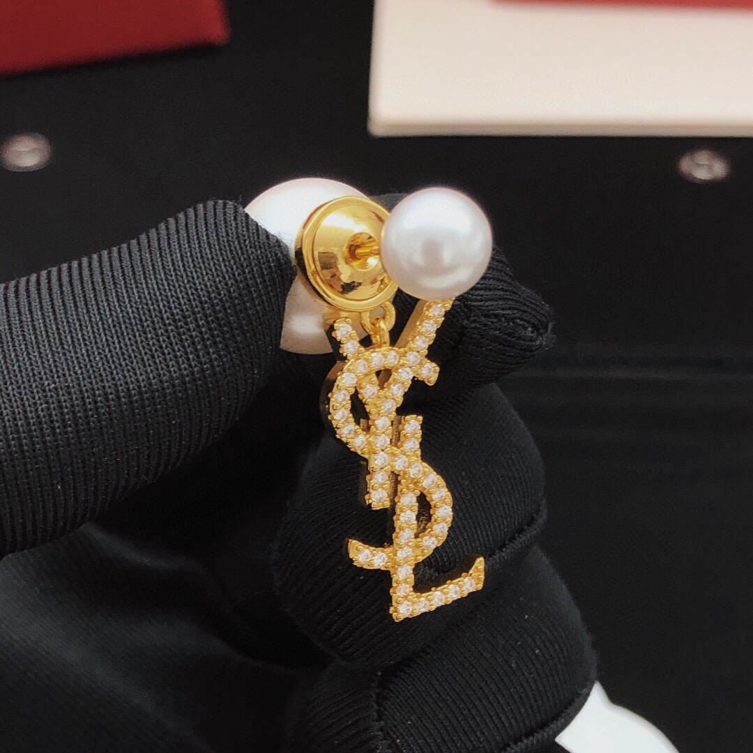 Saint Laurent Cassandre Pearl Logo Drop Earrings earrings Gold-tone metal white pearls clear pave crystals One Size drop length 2cm