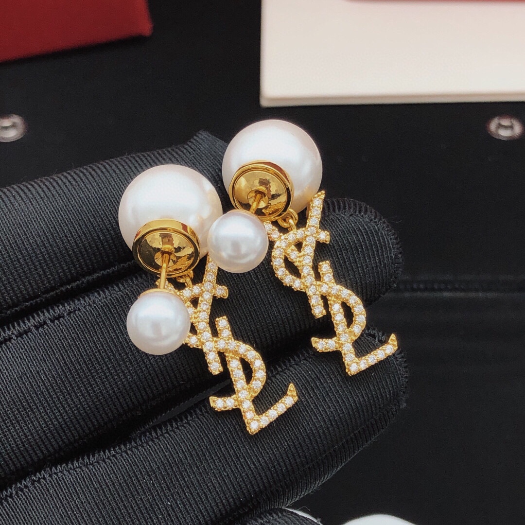 Saint Laurent Cassandre Pearl Logo Drop Earrings earrings Gold-tone metal white pearls clear pave crystals One Size drop length 2cm