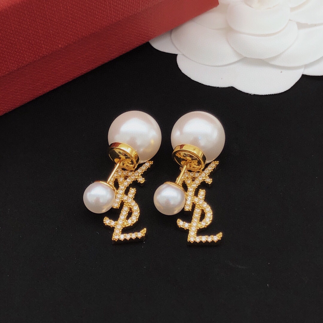 Saint Laurent Cassandre Pearl Logo Drop Earrings earrings Gold-tone metal white pearls clear pave crystals One Size drop length 2cm
