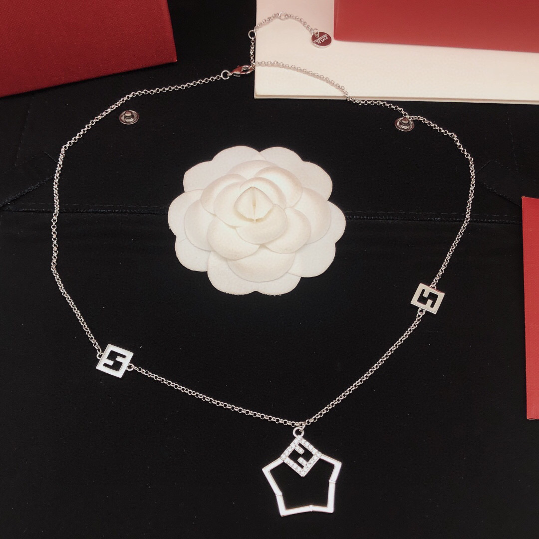 Fendi FF Logo Shield Pendant necklace Silver-toned metal with clear cubic zirconia stones 50cm with 5cm extender