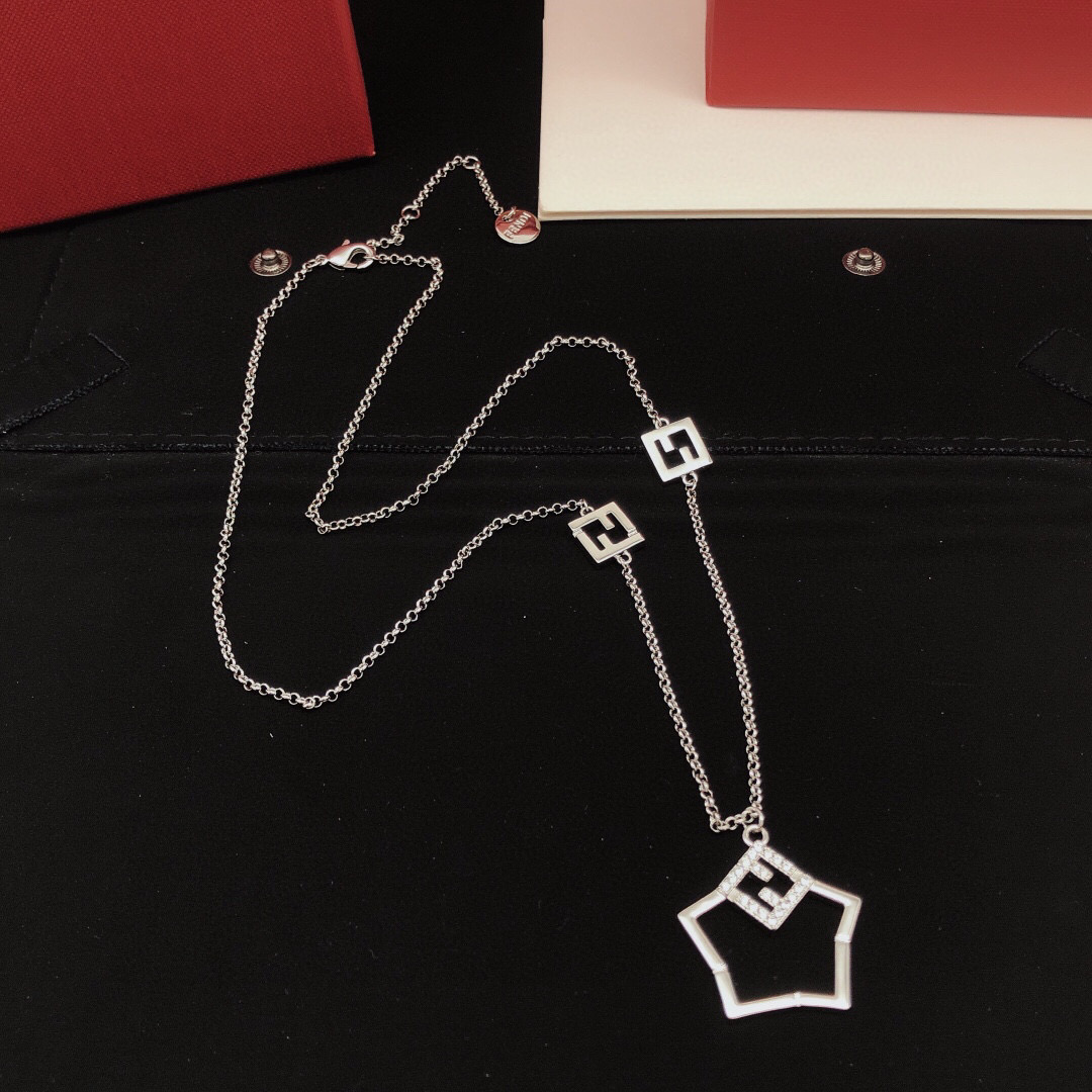 Fendi FF Logo Shield Pendant necklace Silver-toned metal with clear cubic zirconia stones 50cm with 5cm extender