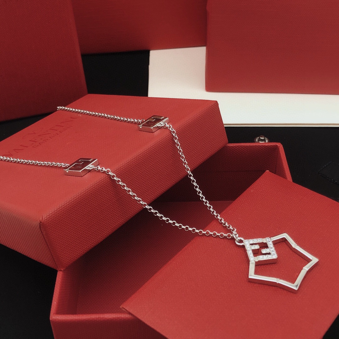 Fendi FF Logo Shield Pendant necklace Silver-toned metal with clear cubic zirconia stones 50cm with 5cm extender