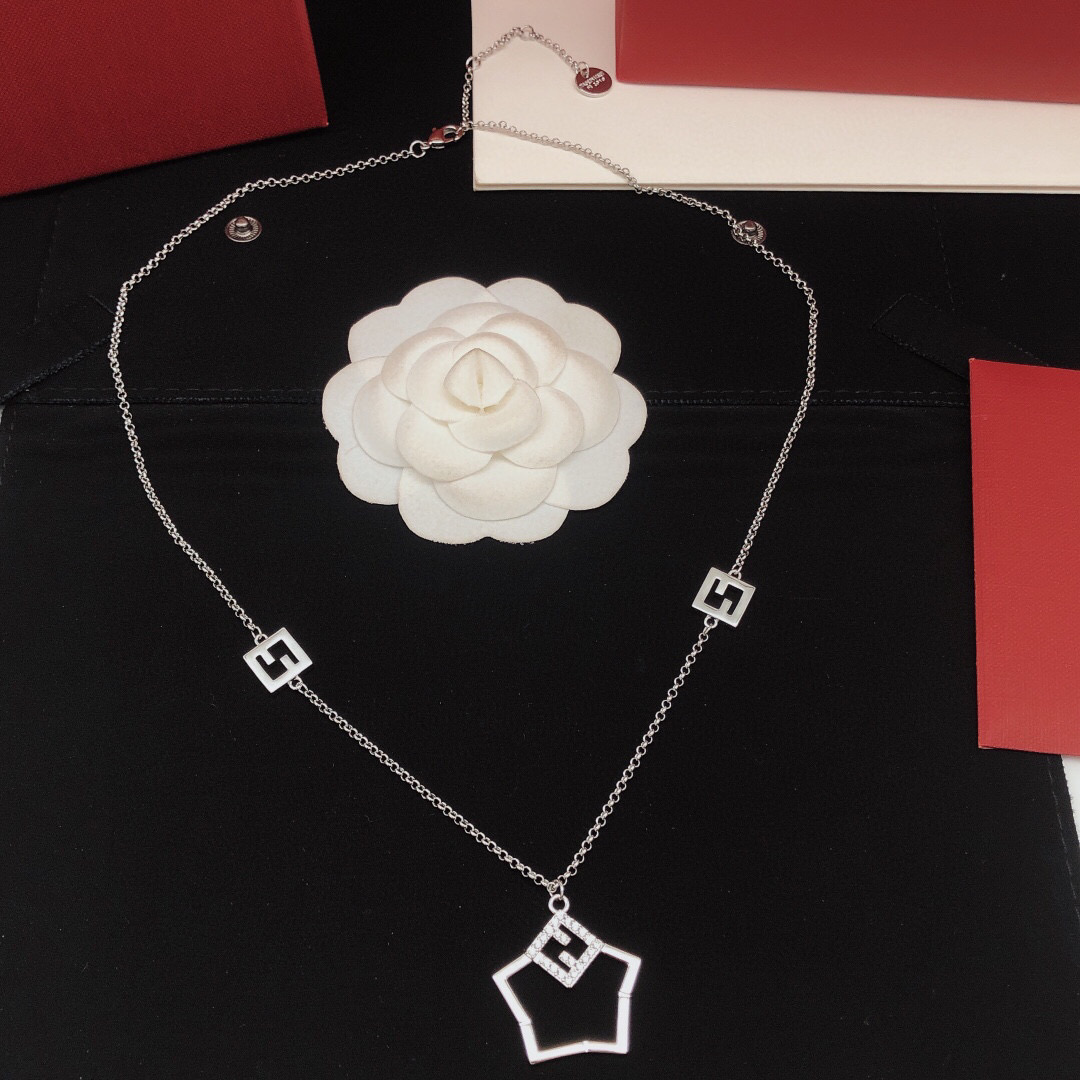 Fendi FF Logo Shield Pendant necklace Silver-toned metal with clear cubic zirconia stones 50cm with 5cm extender
