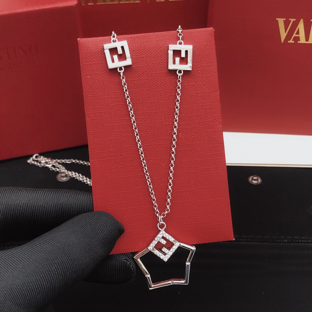 Fendi FF Logo Shield Pendant necklace Silver-toned metal with clear cubic zirconia stones 50cm with 5cm extender