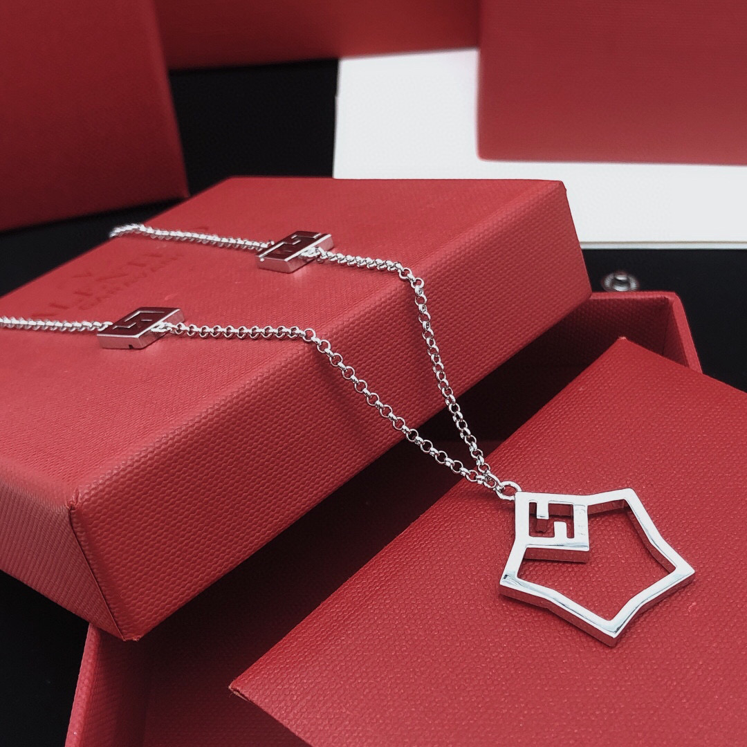 Fendi FF Logo Shield Pendant necklace Silver-toned metal with clear cubic zirconia stones 50cm with 5cm extender