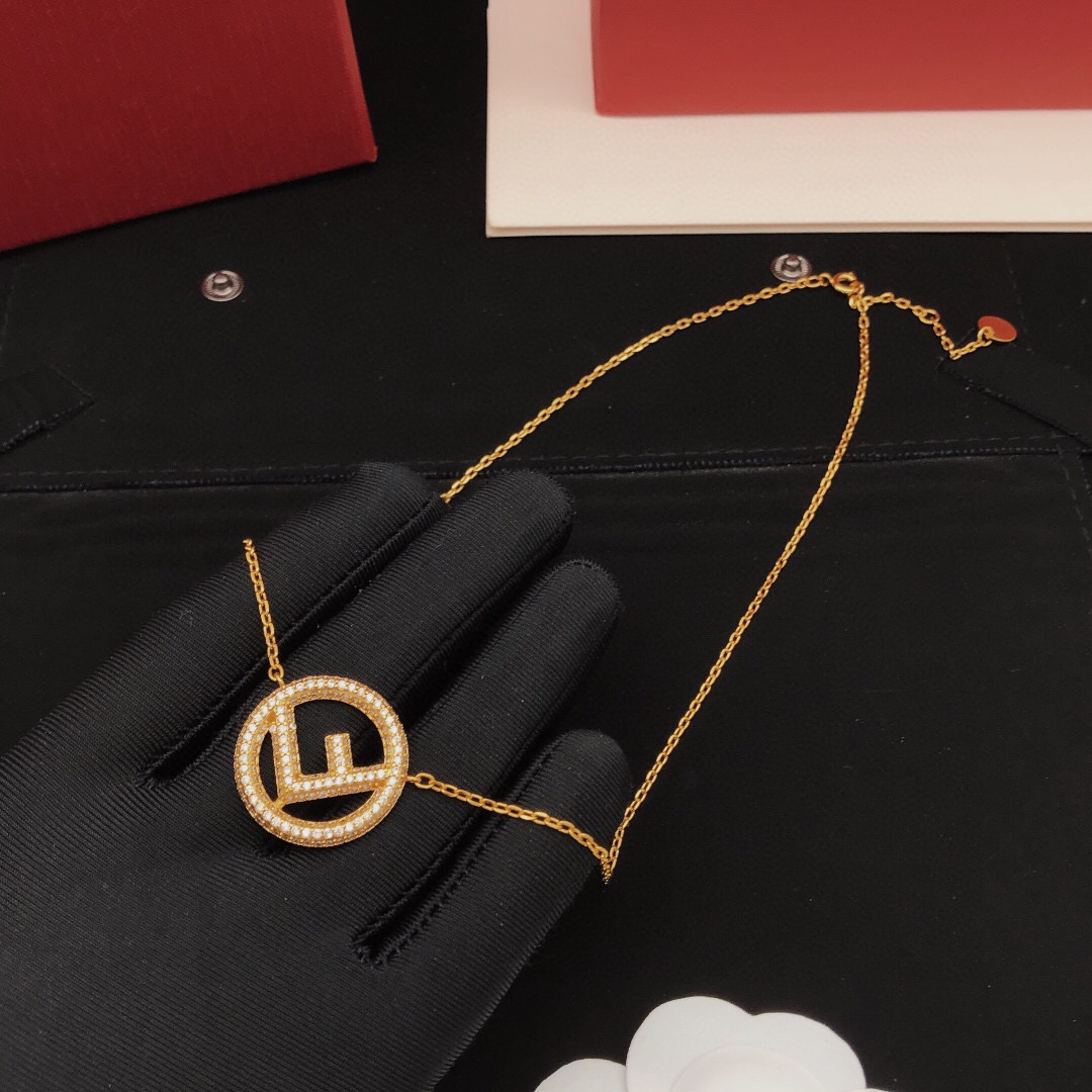 Fendi F Is Fendi necklace gold-tone metal with clear crystal pave 45cm with 5cm extender