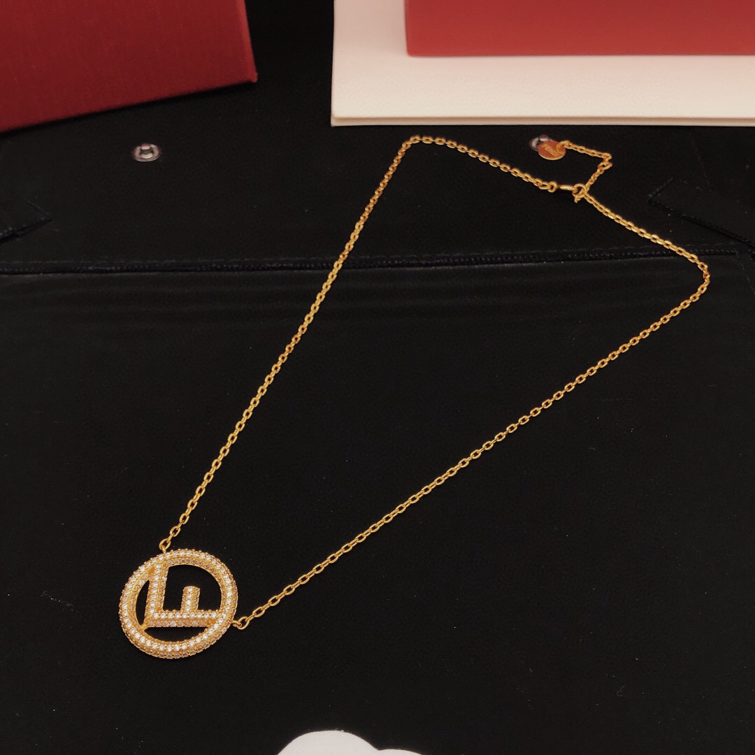 Fendi F Is Fendi necklace gold-tone metal with clear crystal pave 45cm with 5cm extender