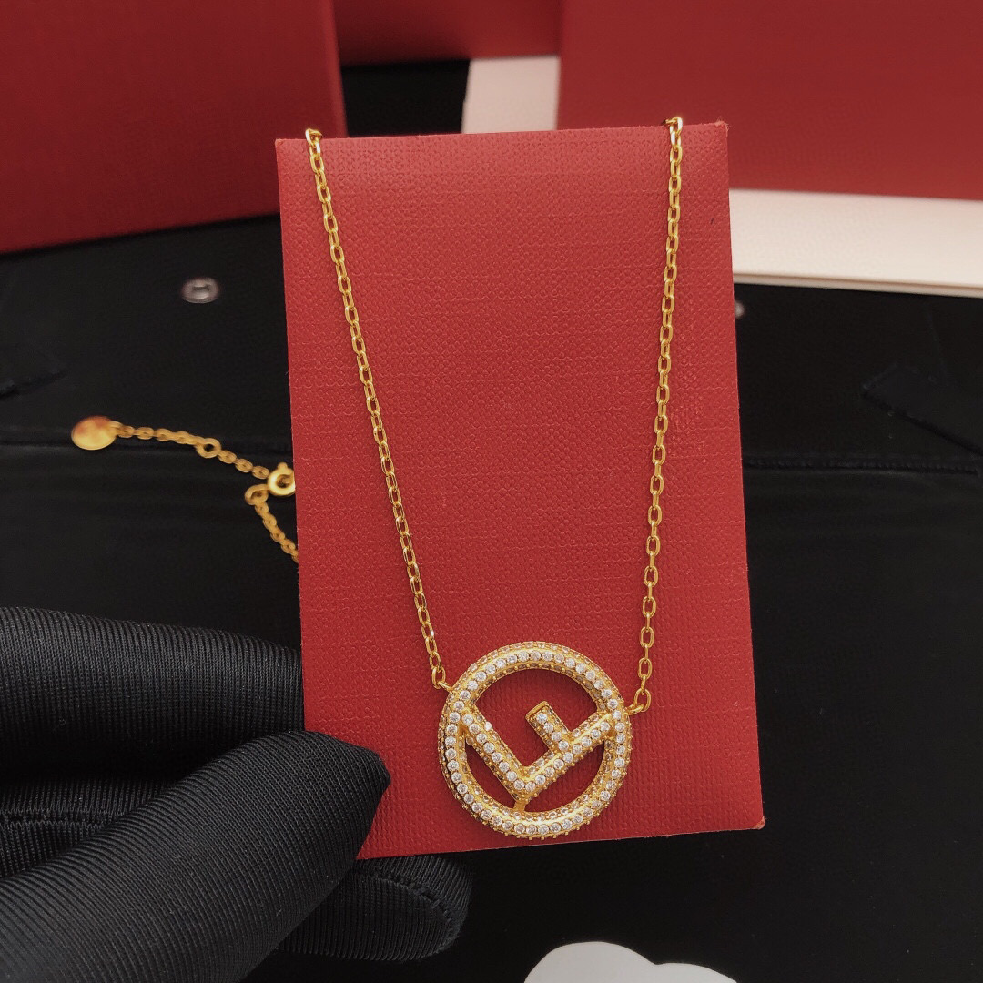Fendi F Is Fendi necklace gold-tone metal with clear crystal pave 45cm with 5cm extender