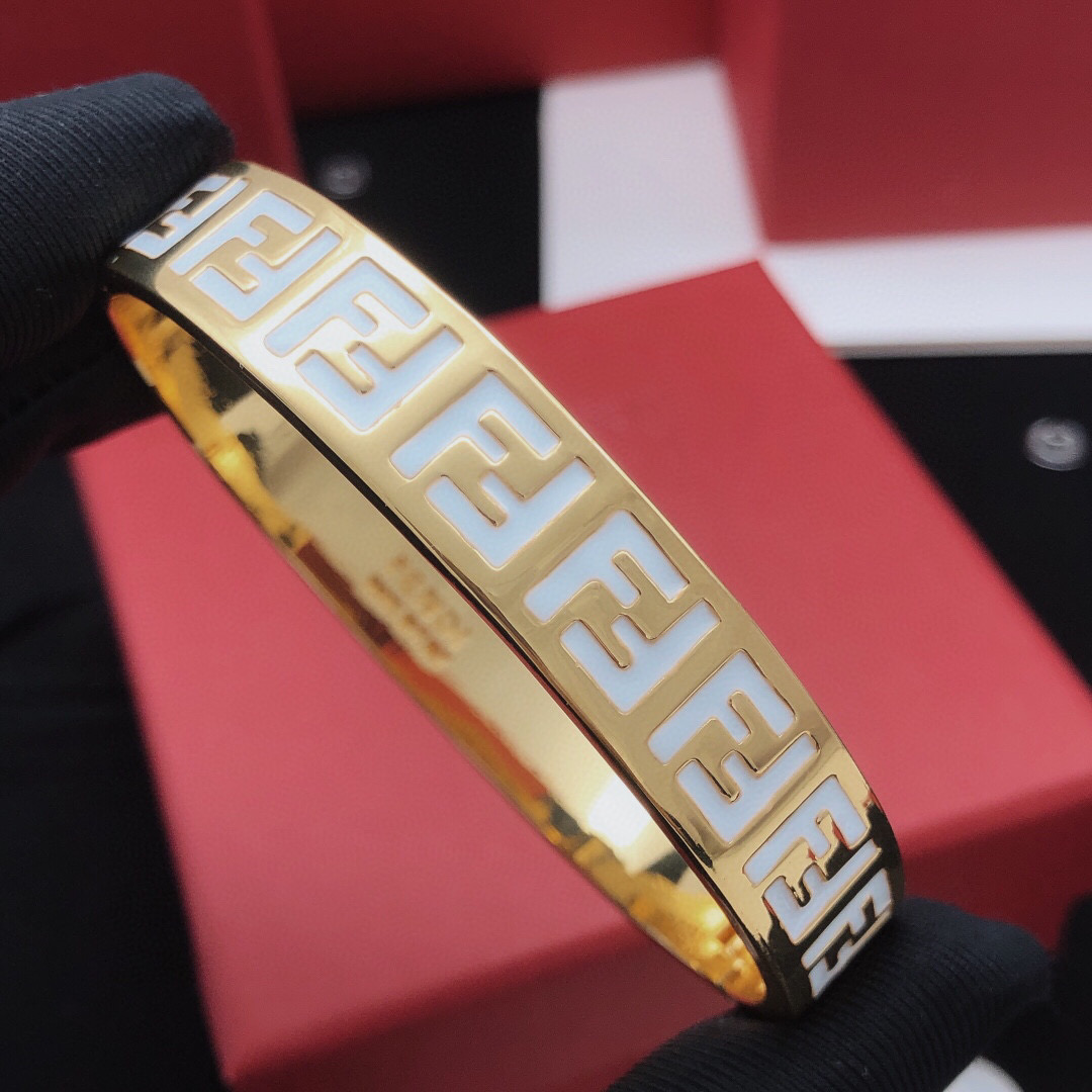 Fendi FF Logo Enamel Bangle bracelet gold-tone metal with white enamel 17cm inner circumference