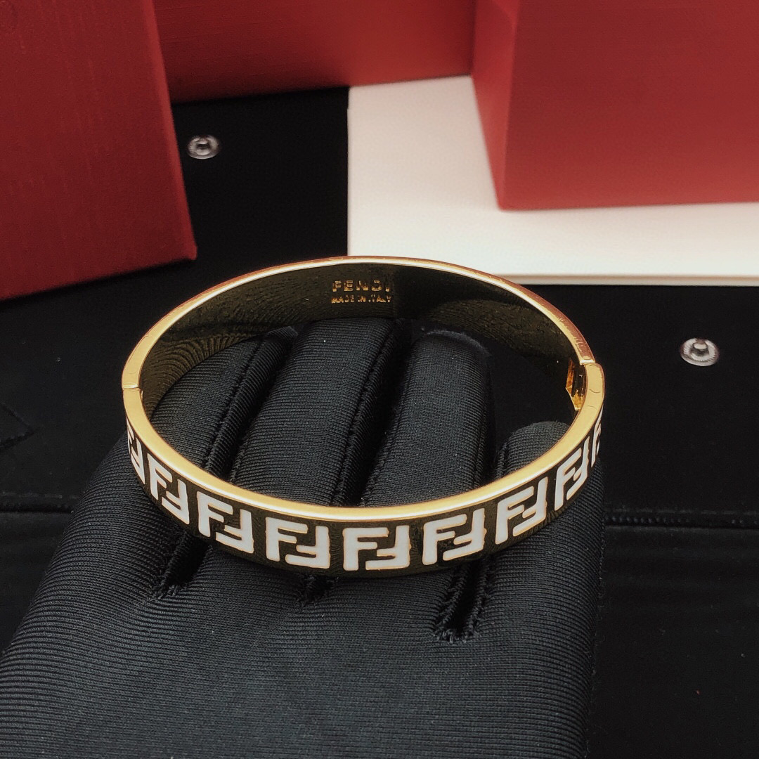 Fendi FF Logo Enamel Bangle bracelet gold-tone metal with white enamel 17cm inner circumference