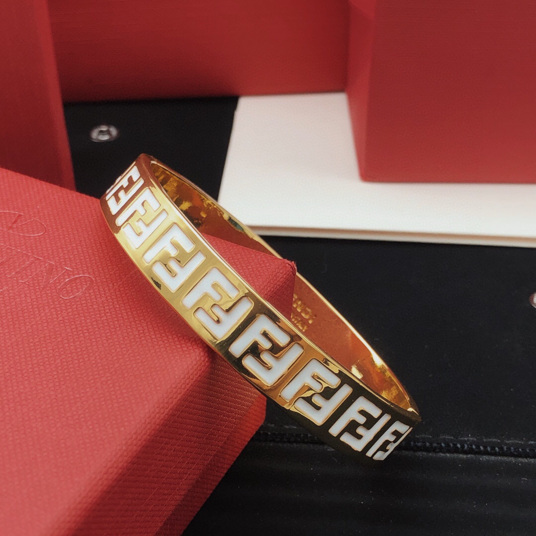 Fendi FF Logo Enamel Bangle bracelet gold-tone metal with white enamel 17cm inner circumference