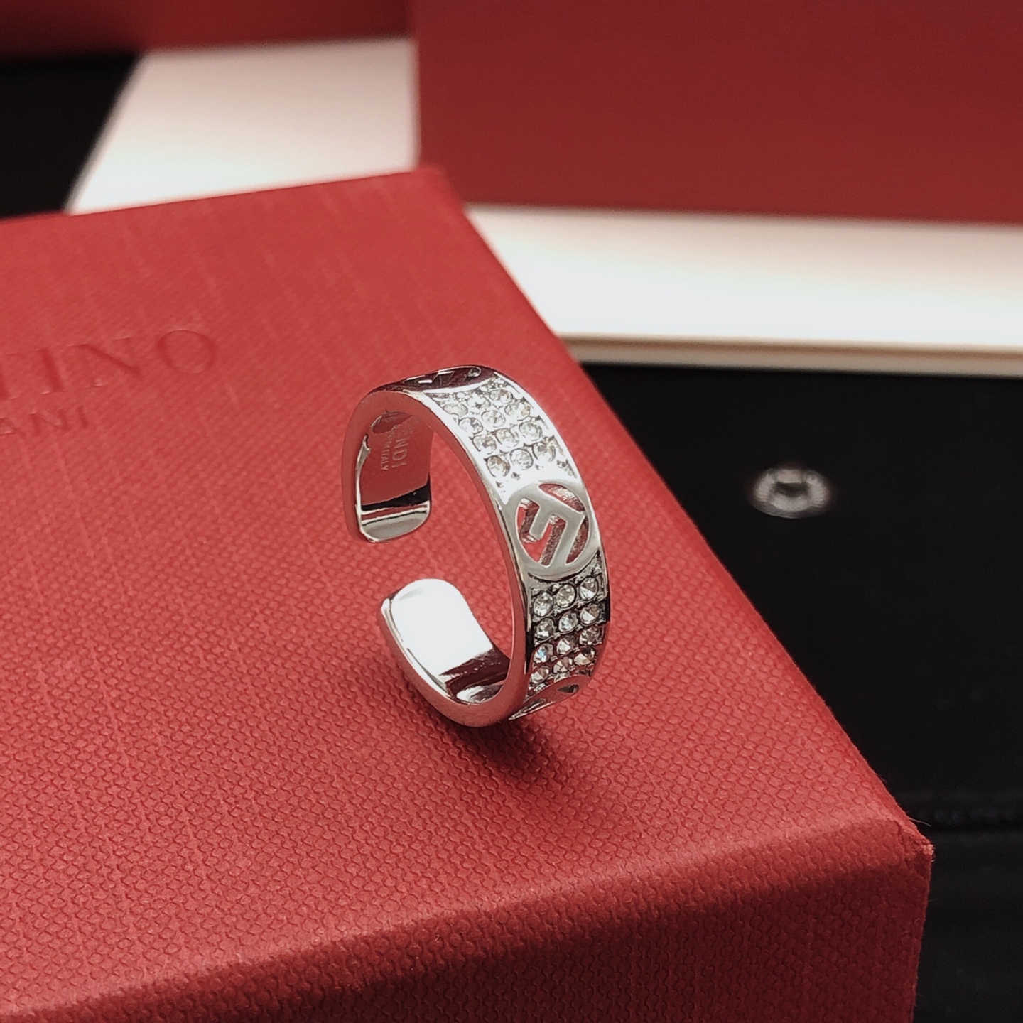 Fendi F is Fendi Crystal Open Ring ring silver-toned metal with clear crystal accents adjustable open band fits US sizes 6-8