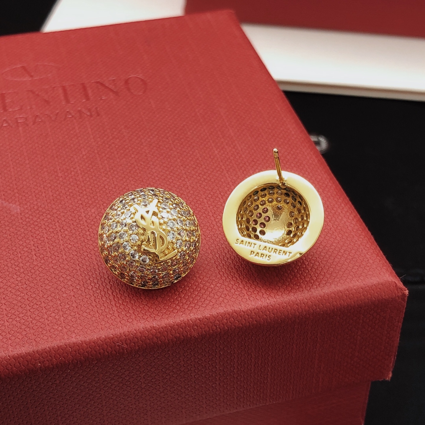 Saint Laurent YED0080 Cassandre Pave Dome Stud Earrings earrings gold-tone metal with clear pave crystals 1 5cm diameter