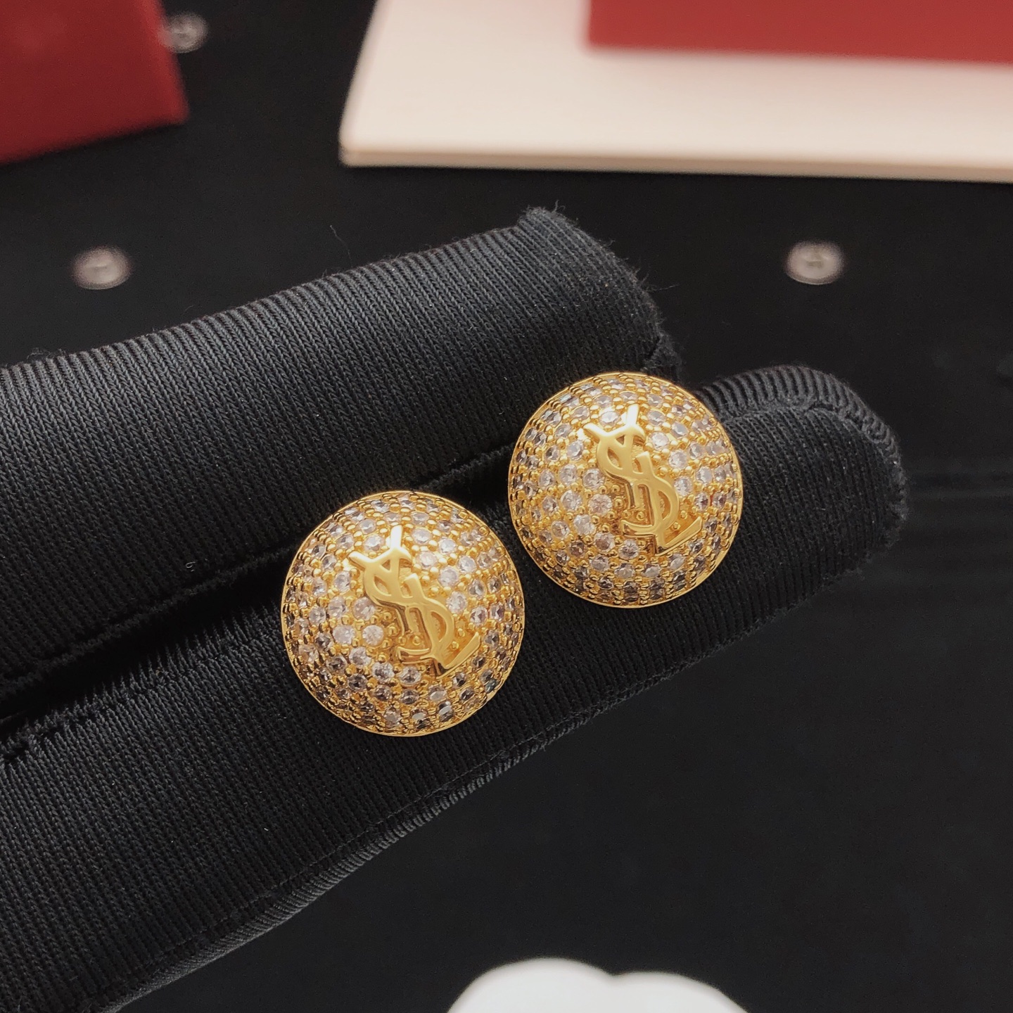 Saint Laurent YED0080 Cassandre Pave Dome Stud Earrings earrings gold-tone metal with clear pave crystals 1 5cm diameter