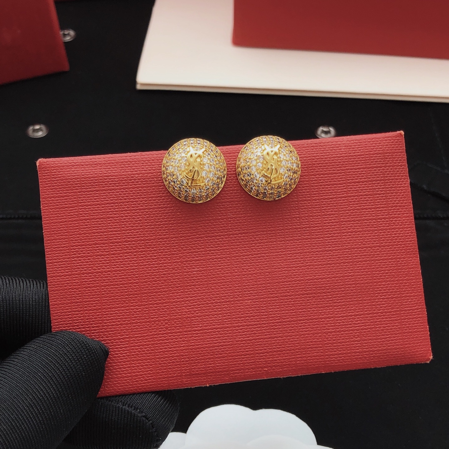 Saint Laurent YED0080 Cassandre Pave Dome Stud Earrings earrings gold-tone metal with clear pave crystals 1 5cm diameter