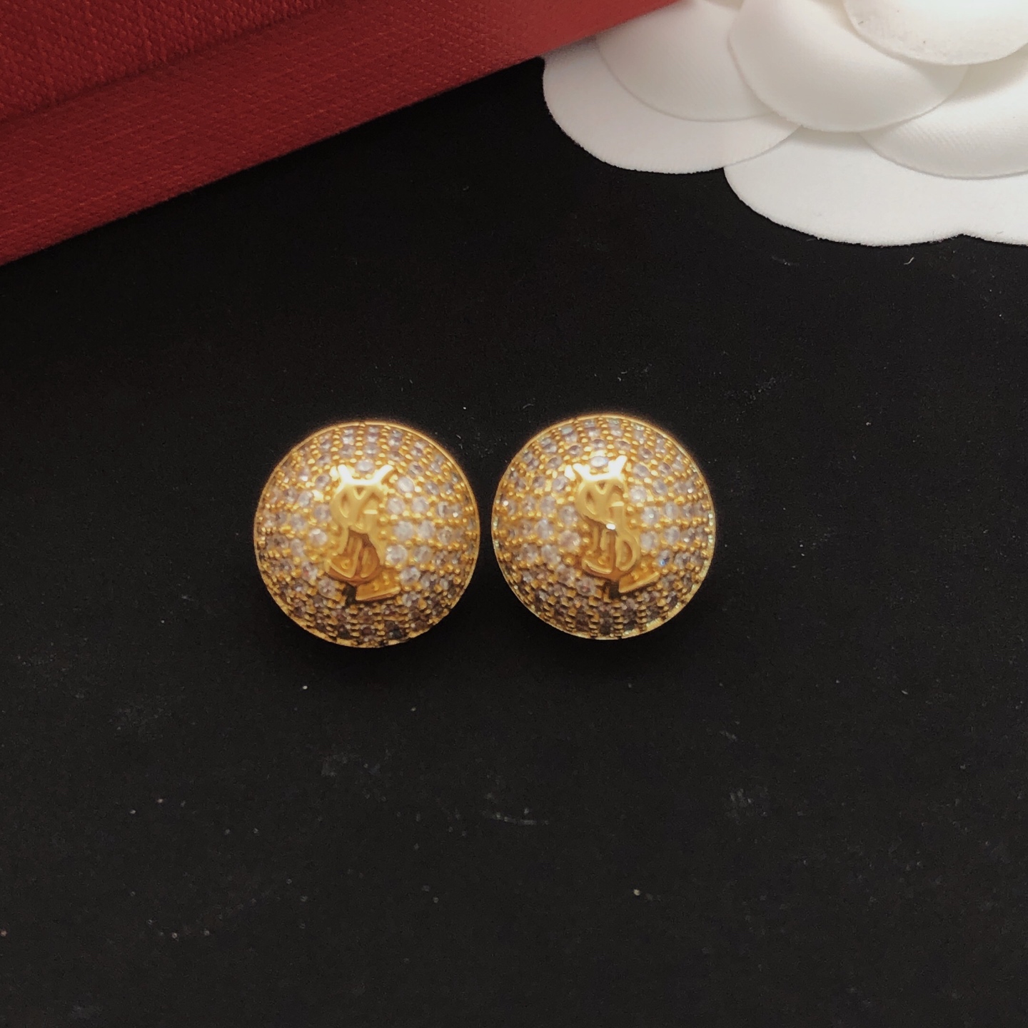 Saint Laurent YED0080 Cassandre Pave Dome Stud Earrings earrings gold-tone metal with clear pave crystals 1 5cm diameter