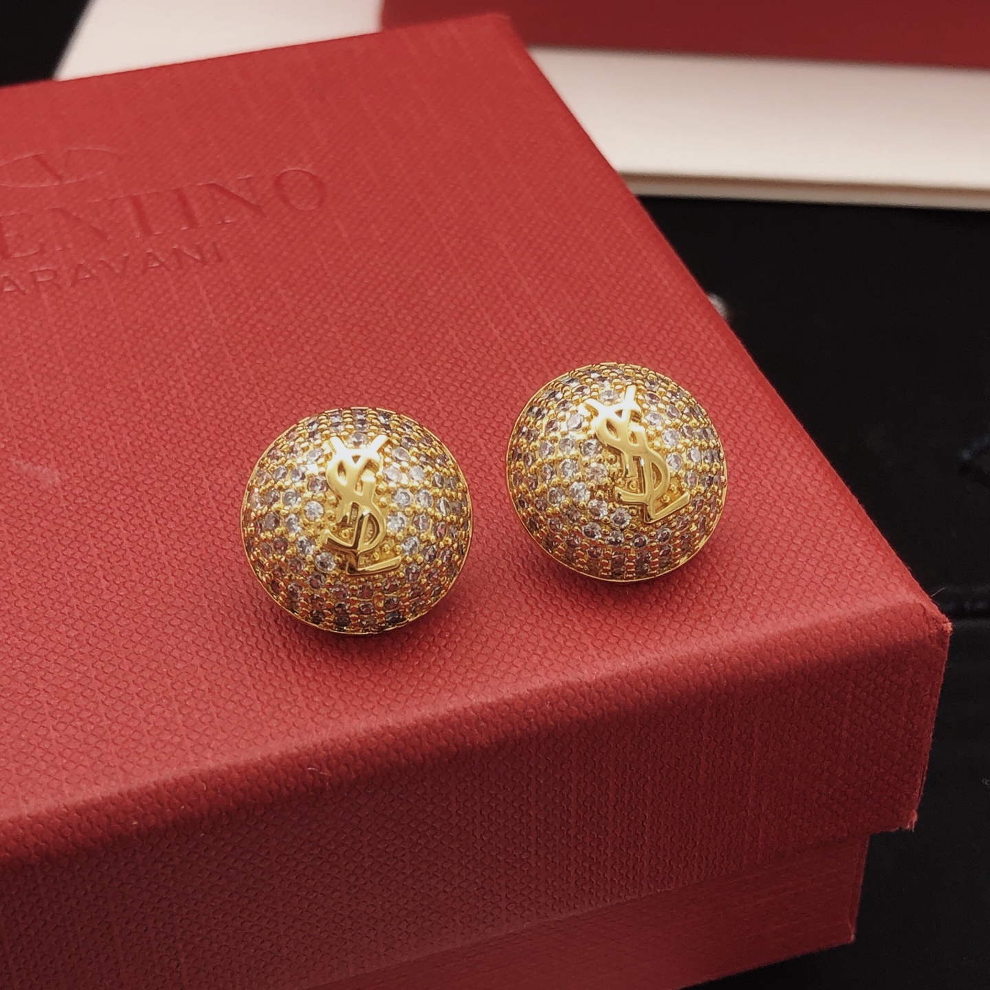 Saint Laurent YED0080 Cassandre Pave Dome Stud Earrings earrings gold-tone metal with clear pave crystals 1 5cm diameter