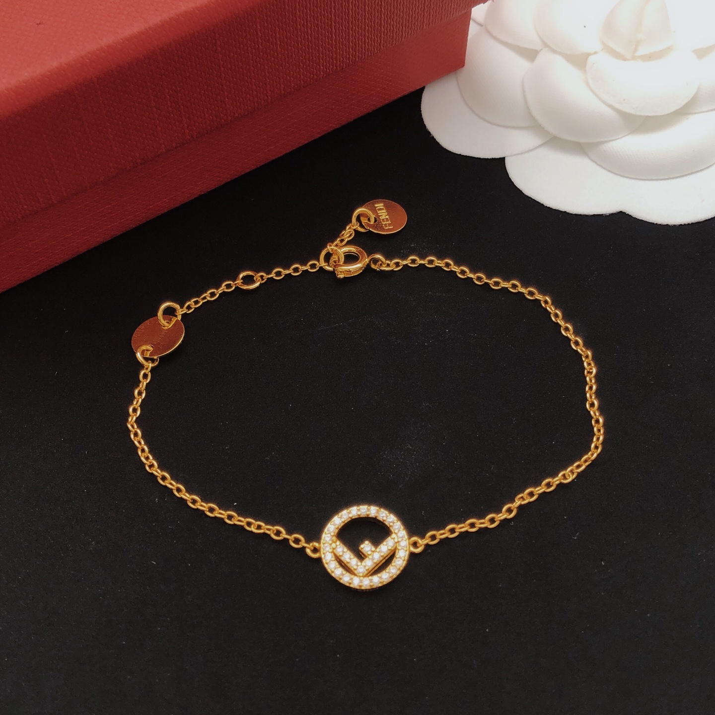 Fendi F is Fendi bracelet gold-tone metal with clear pave crystals 17cm with 2cm extender