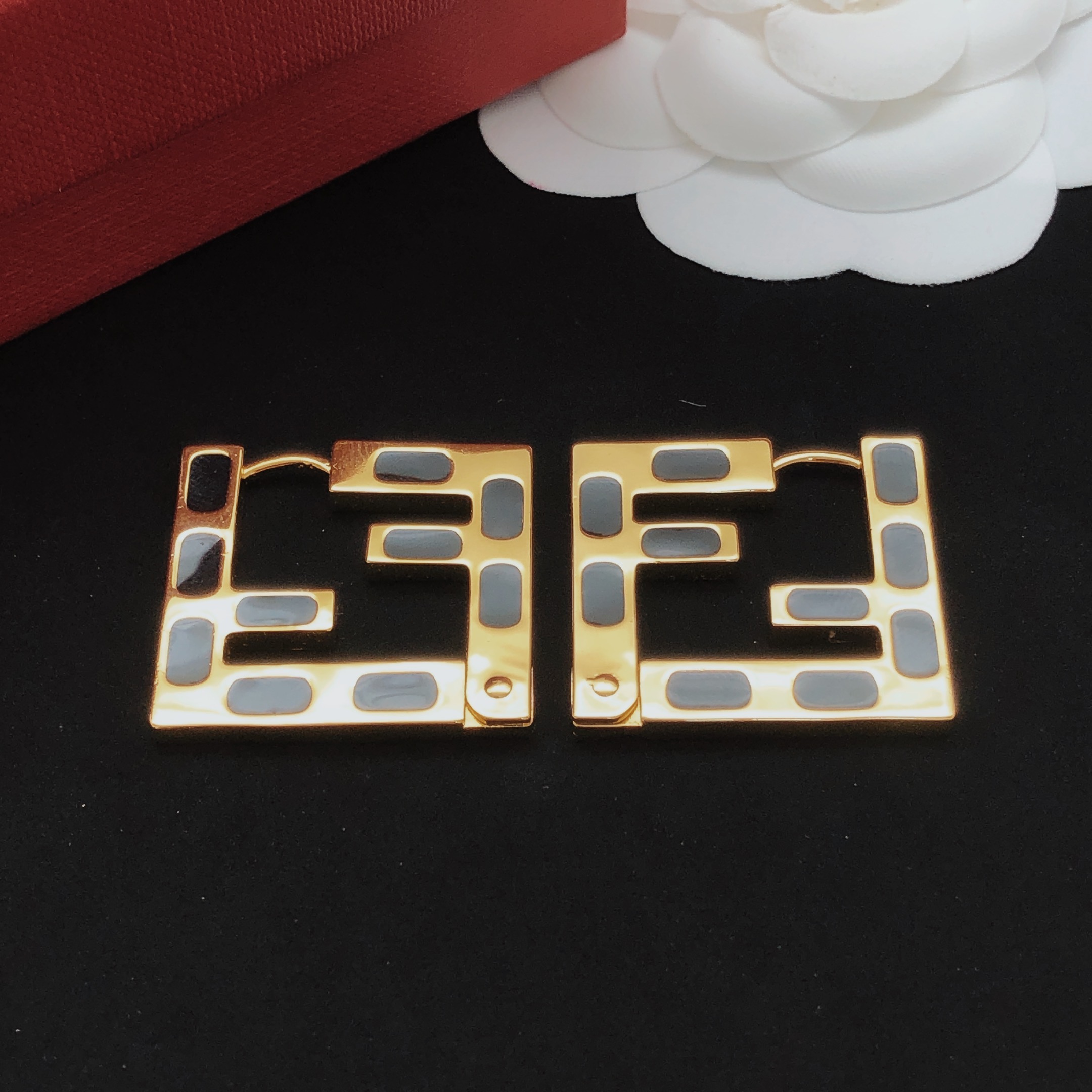 Fendi FF Logo Hoop Earrings earrings gold-tone metal with black enamel inlay 3cm square