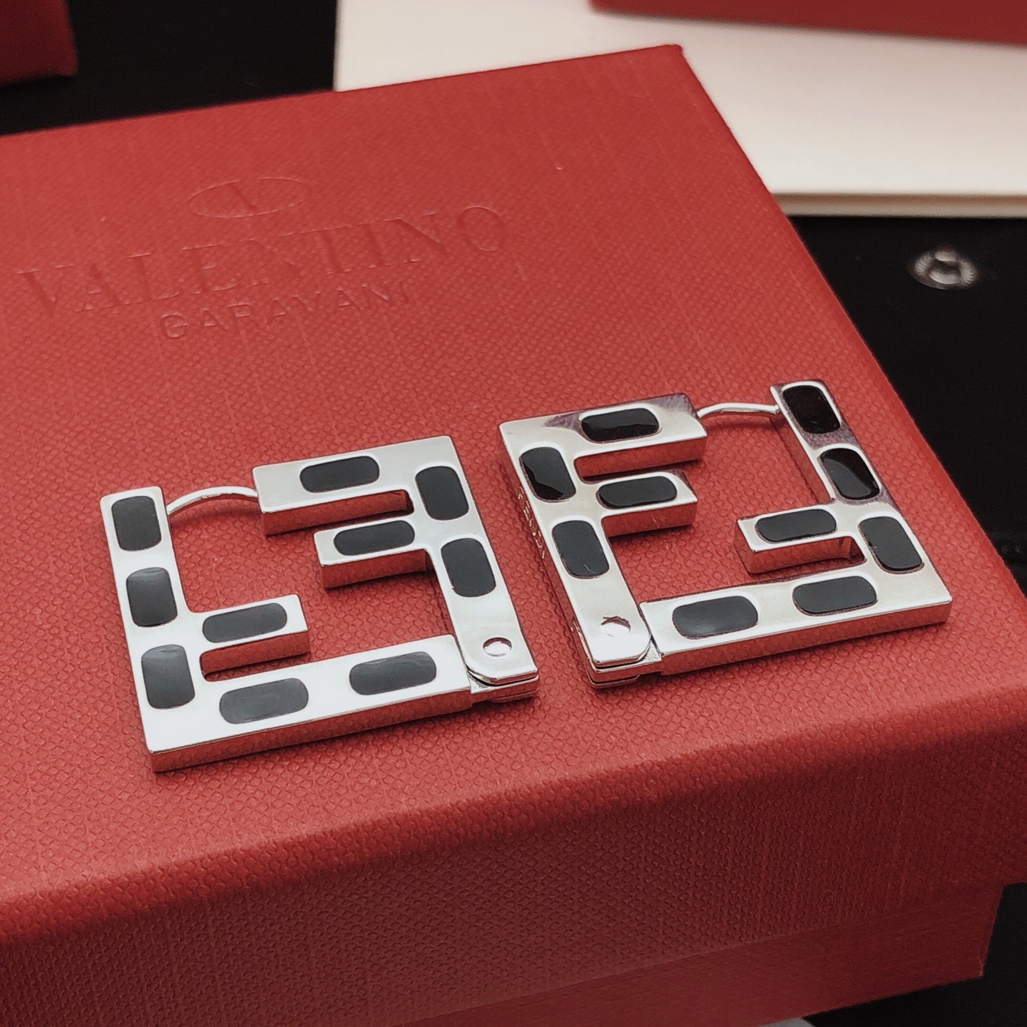 Fendi FF Logo Cutout Hoop Earrings earrings silver-tone metal with black enamel inlay 3cm square